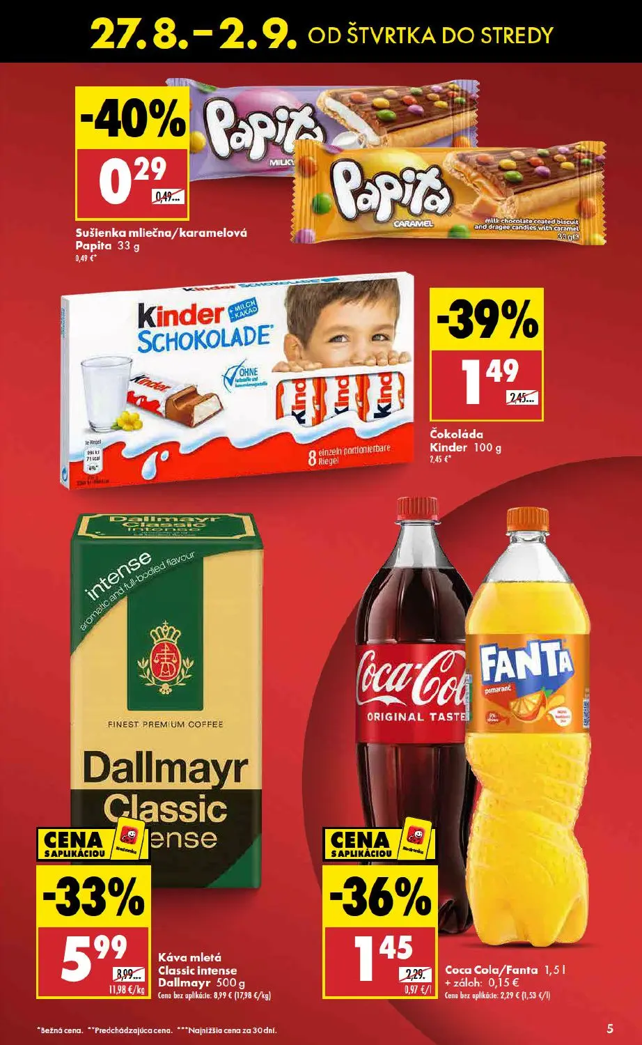 Biedronka leták, strana 5 z 48 — Káva mletá Classic intense Dallmayr, Čokoláda Kinder, Coca Cola/Fanta