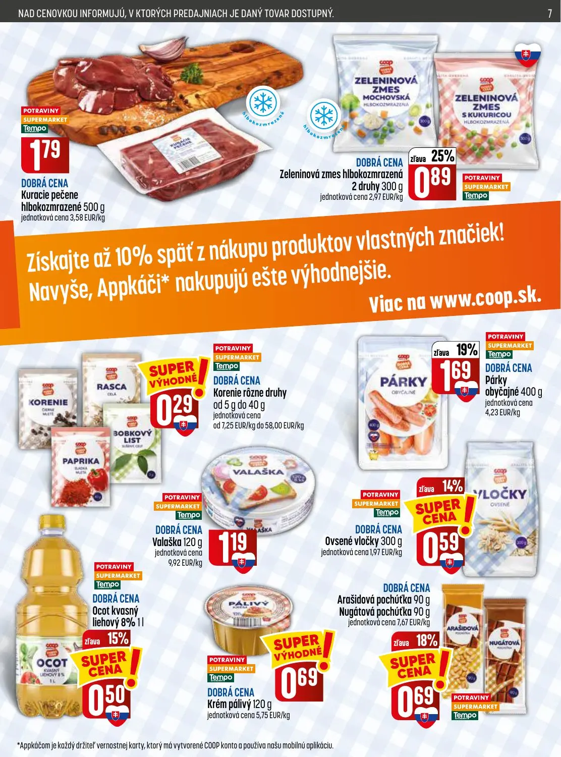 Coop Jednota leták, strana 7 z 32 — Párky obyčajné, Zeleninová zmes hlbokozmrazená, Arašidová pochúťka