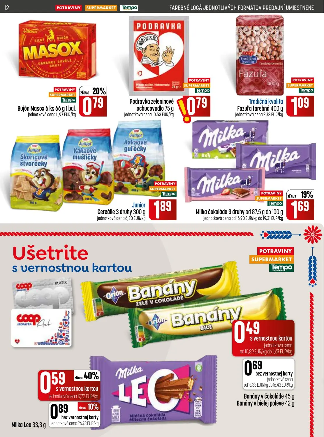 Coop Jednota leták, strana 12 z 32 — Milka čokoláda 3 druhy, Milka Leo, Bujón Masox 6 ks 66 g 1 bal.