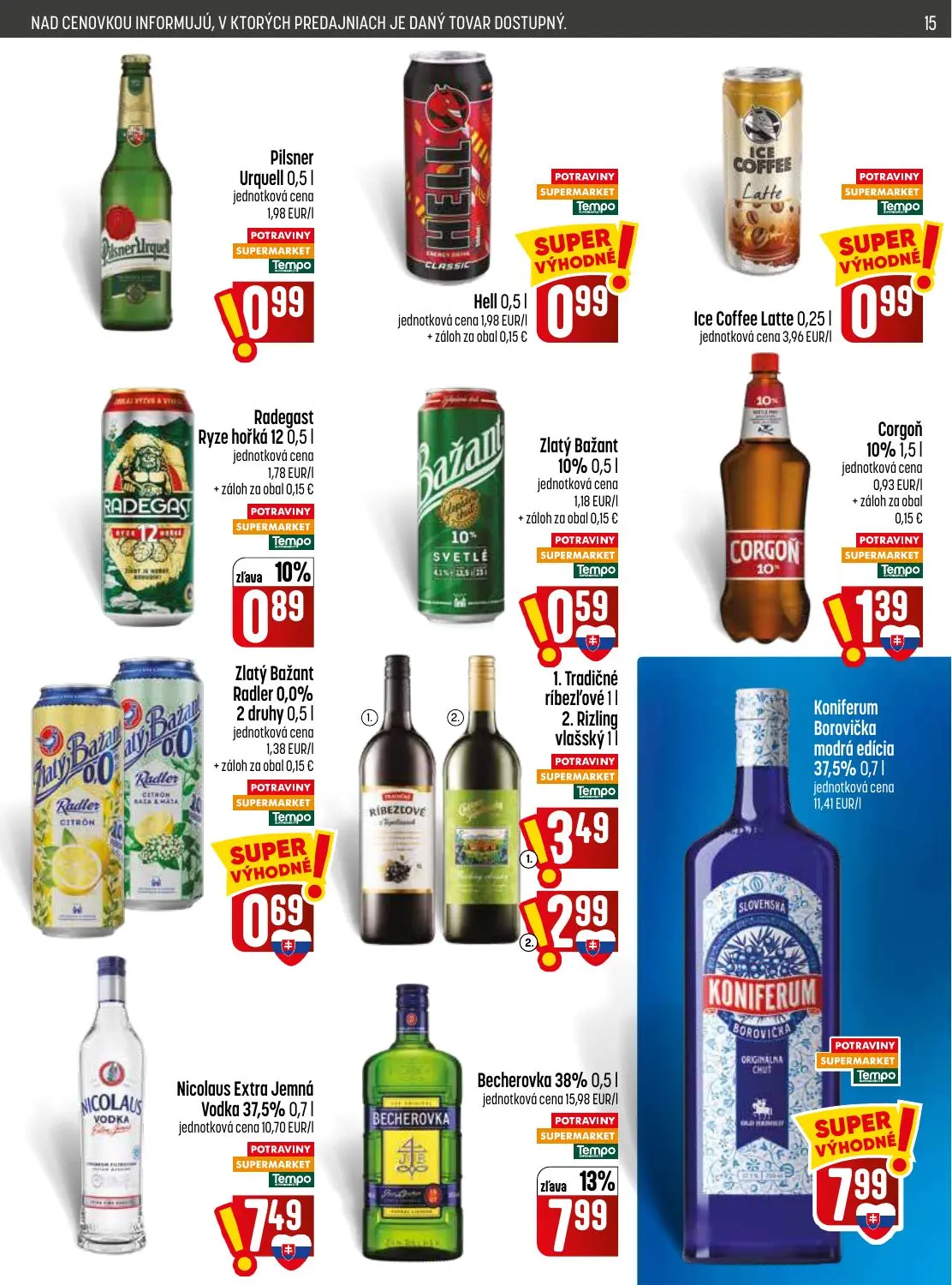 Coop Jednota leták, strana 15 z 32 — Becherovka 38%, Radegast Ryze hořká 12, Pilsner Urquell
