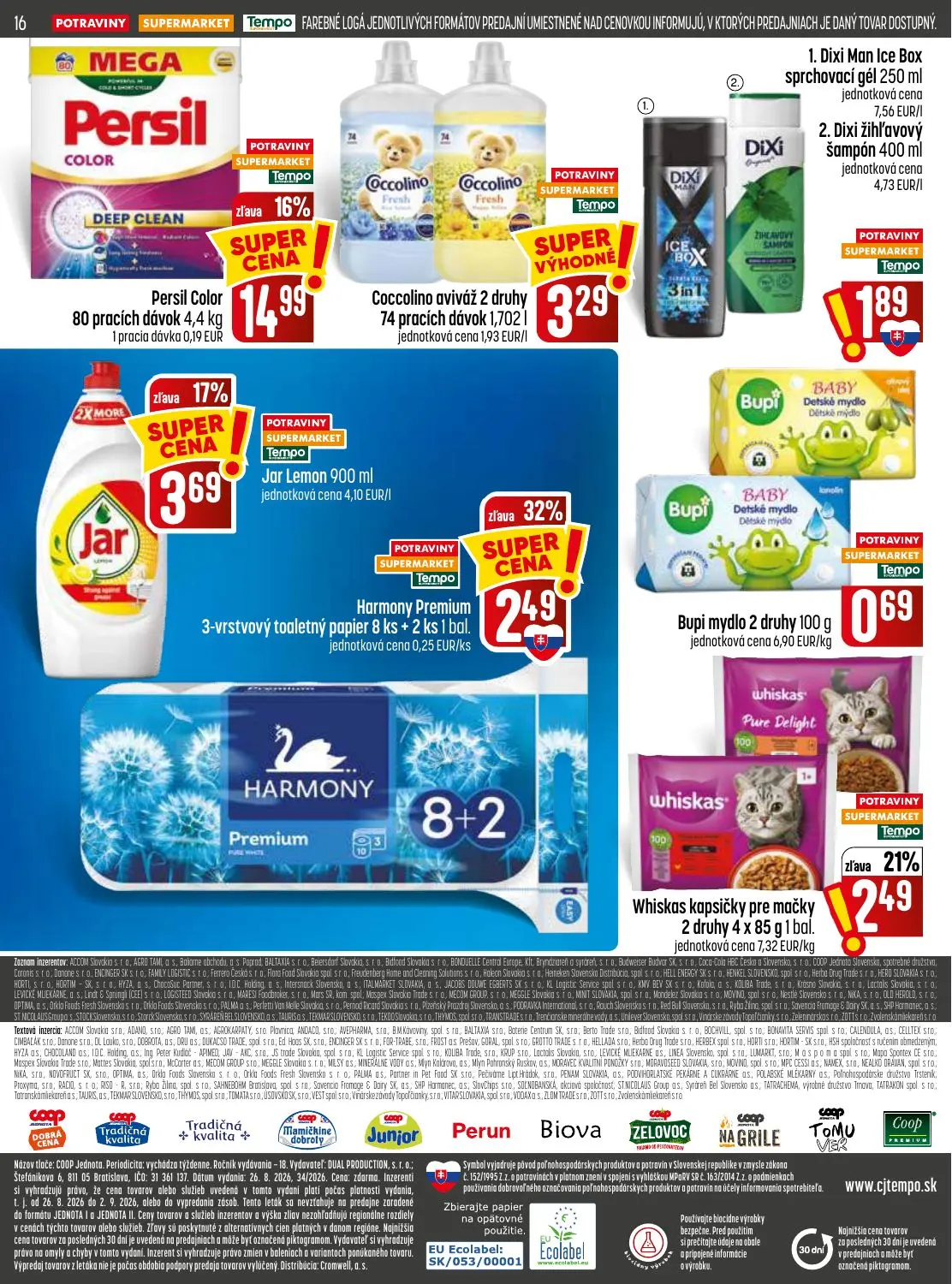 Coop Jednota leták, strana 16 z 32 — Persil Color, Harmony Premium 3-vrstvový toaletný papier, Jar Lemon