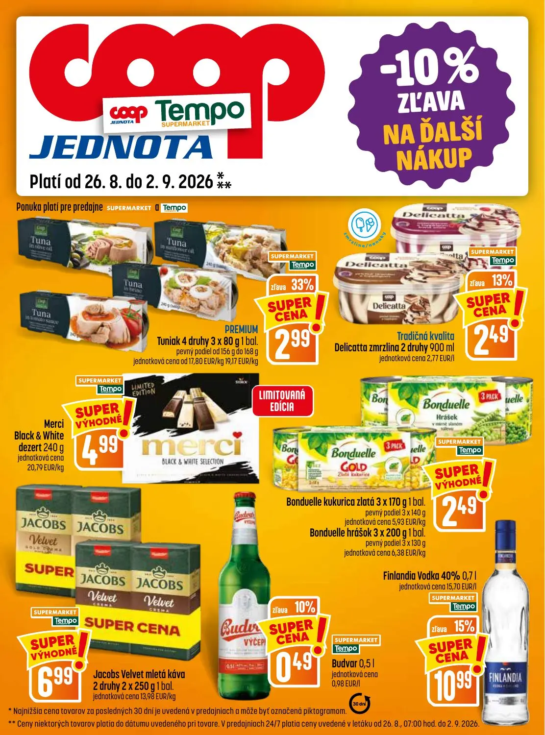 Coop Jednota leták, strana 17 z 32 — Finlandia Vodka 40%, Tuniak 4 druhy 3 x 80 g 1 bal., Delicatta zmrzlina 2 druhy