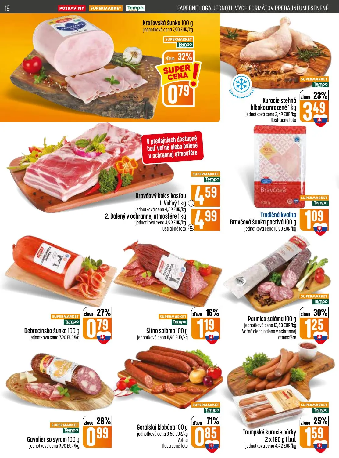 Coop Jednota leták, strana 18 z 32 — Goralská klobása, Kuracie stehná hlbokozmrazené, Parmico saláma