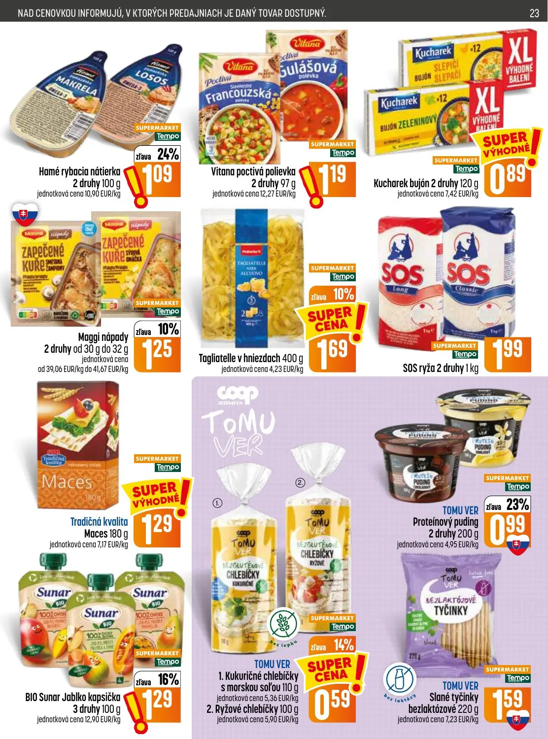 Coop Jednota leták, strana 23 z 32 — Hamé rybacia nátierka, TOMU VER Proteínový puding, BIO Sunar Jablko kapsička