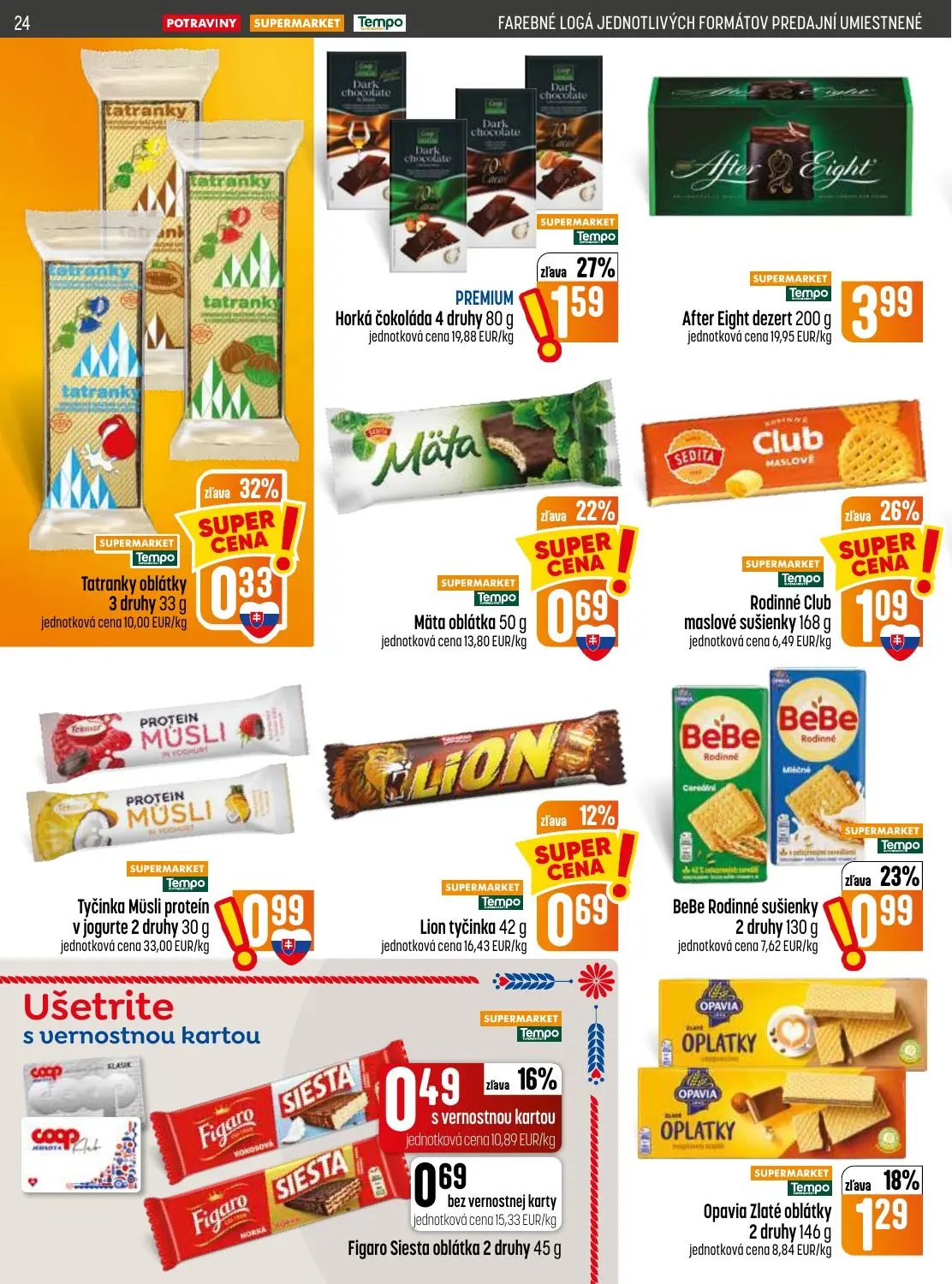 Coop Jednota leták, strana 24 z 32 — Horká čokoláda 4 druhy, Rodinné Club maslové sušienky, BeBe Rodinné sušienky