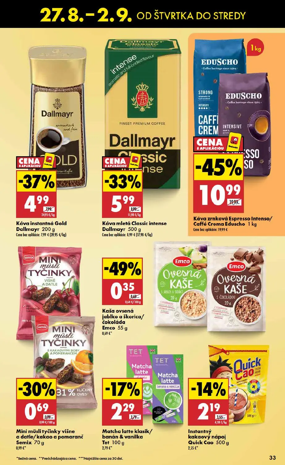Biedronka leták, strana 33 z 48 — Káva zrnková Espresso Intenso/Caffé Crema Eduscho, Káva instantná Gold Dallmayr
