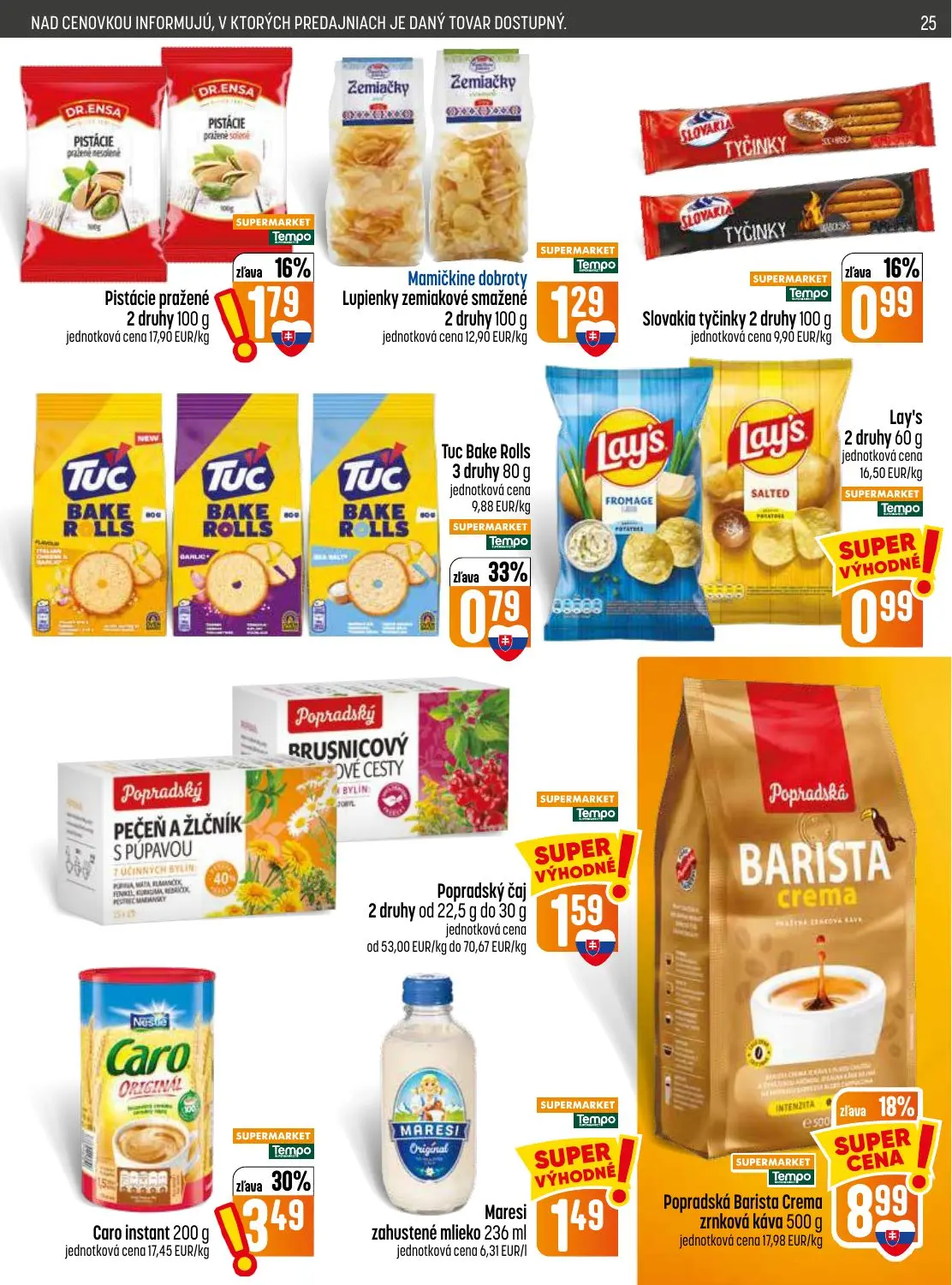 Coop Jednota leták, strana 25 z 32 — Popradská Barista Crema zrnková káva, Caro instant, Tuc Bake Rolls