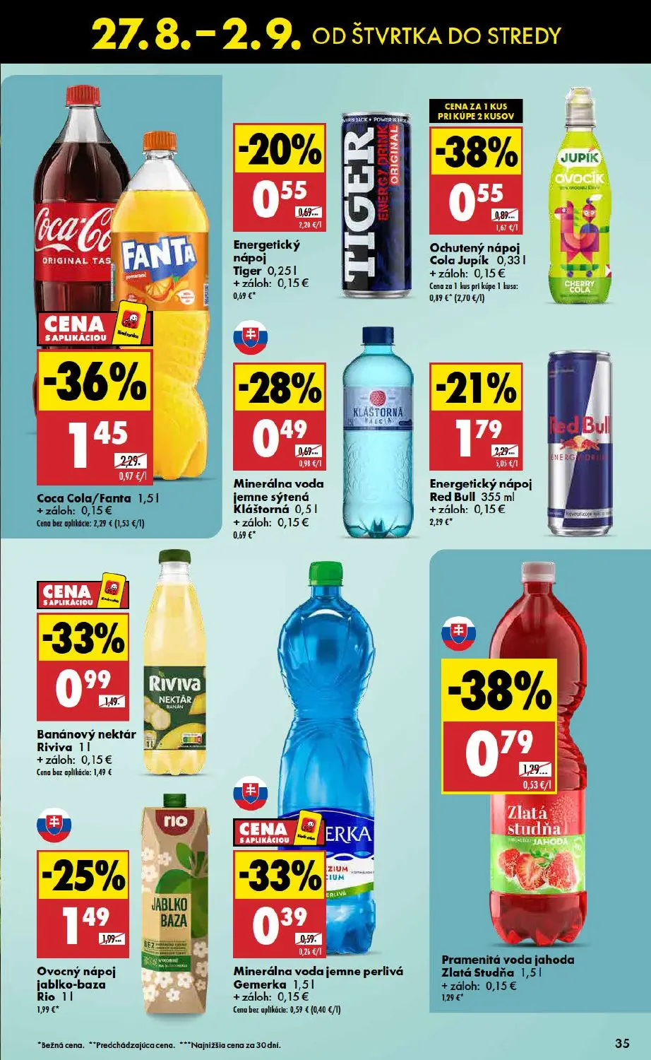 Biedronka leták, strana 35 z 48 — Coca Cola/Fanta, Banánový nektár Riviva, Ovocný nápoj jablko-baza Rio