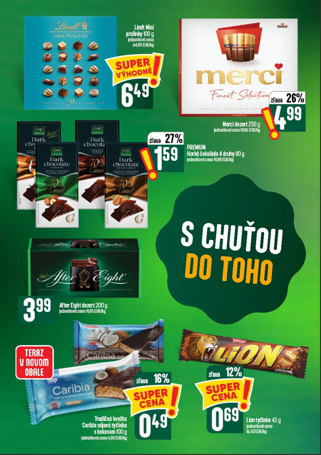 Coop Tempo leták, strana 42 z 64 — Merci dezert, PREMIUM Horká čokoláda 4 druhy, Caribia sójová tyčinka s kokosom