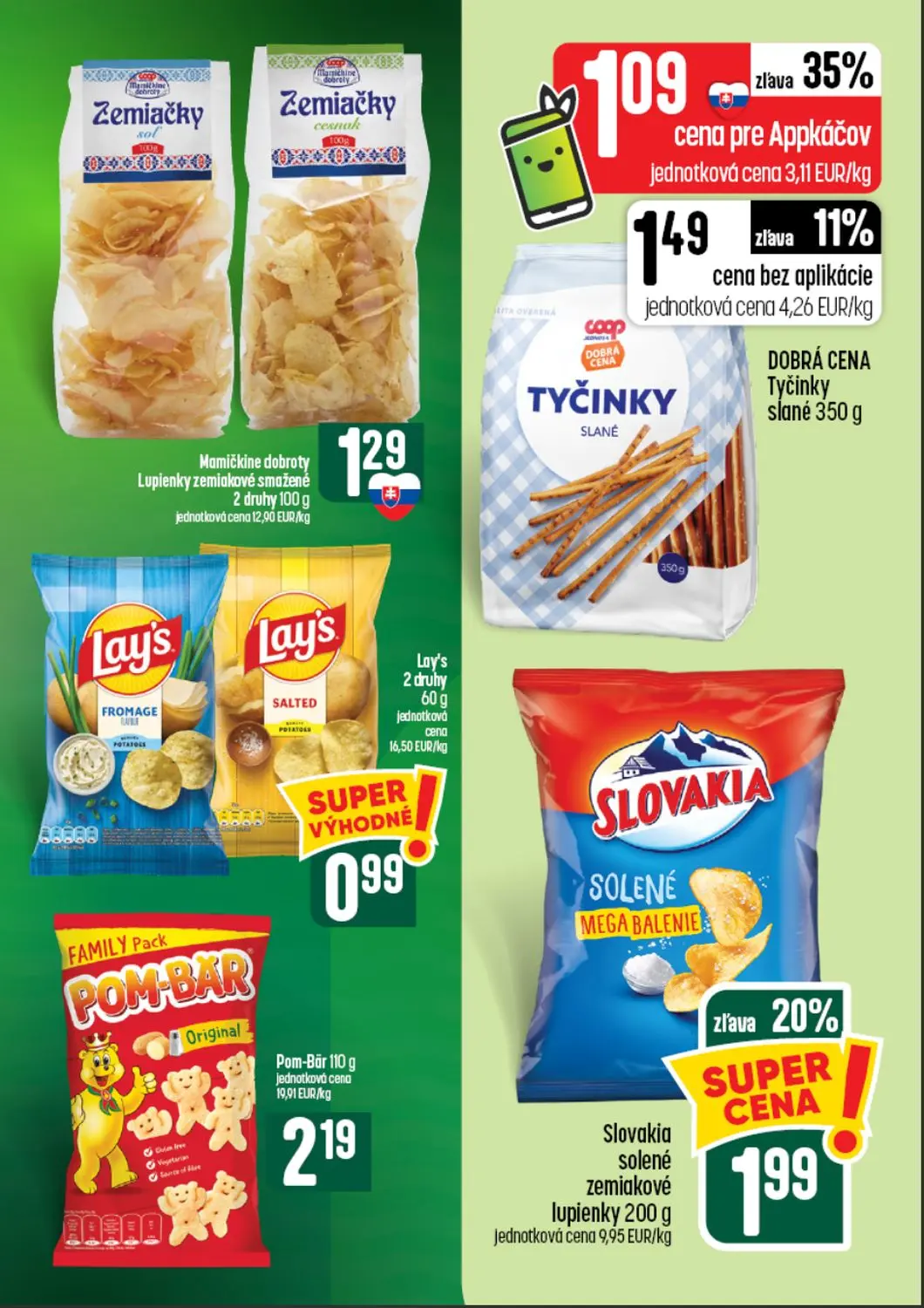Coop Tempo leták, strana 45 z 64 — Slovakia solené zemiakové lupienky, DOBRÁ CENA Tyčinky slané, Mamičkine dobroty Lupienky …
