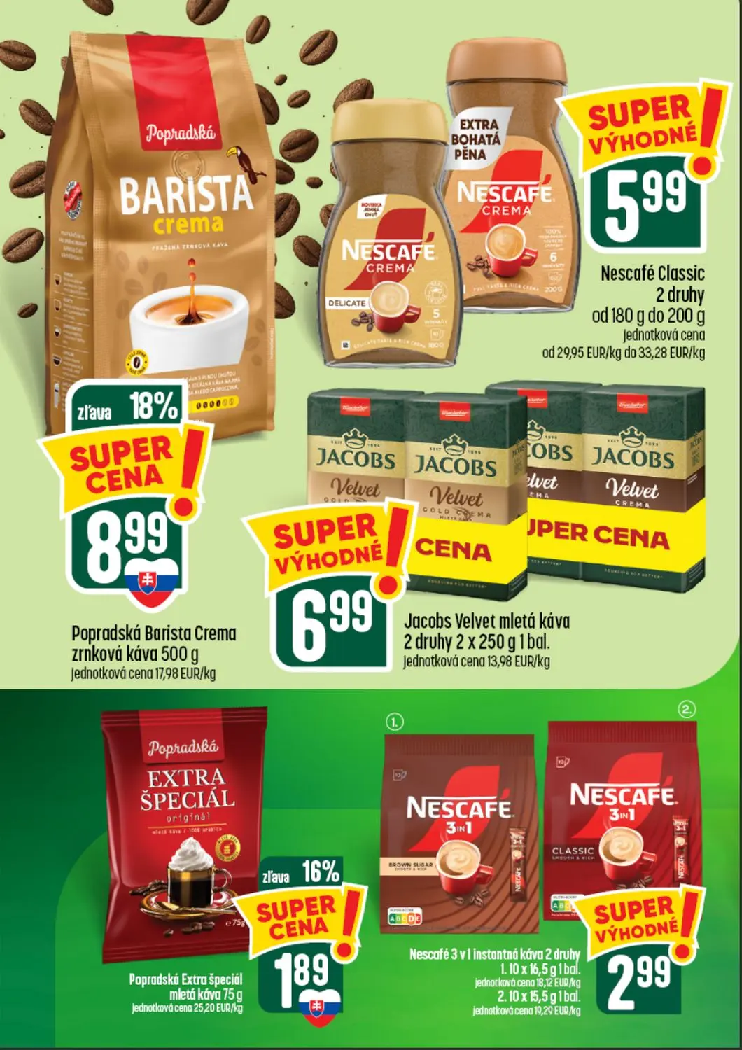 Coop Tempo leták, strana 48 z 64 — Popradská Barista Crema zrnková káva, Popradská Extra špeciál mletá káva, Nescafé Classic