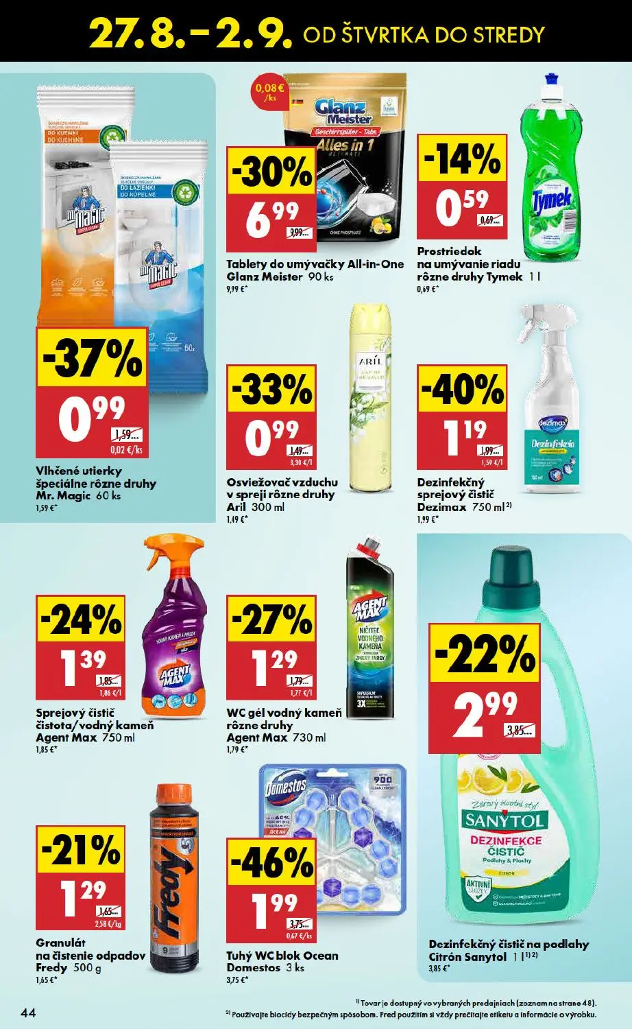 Biedronka leták, strana 44 z 48 — Tablety do umývačky All-in-One Glanz Meister, Tuhý WC blok Ocean Domestos