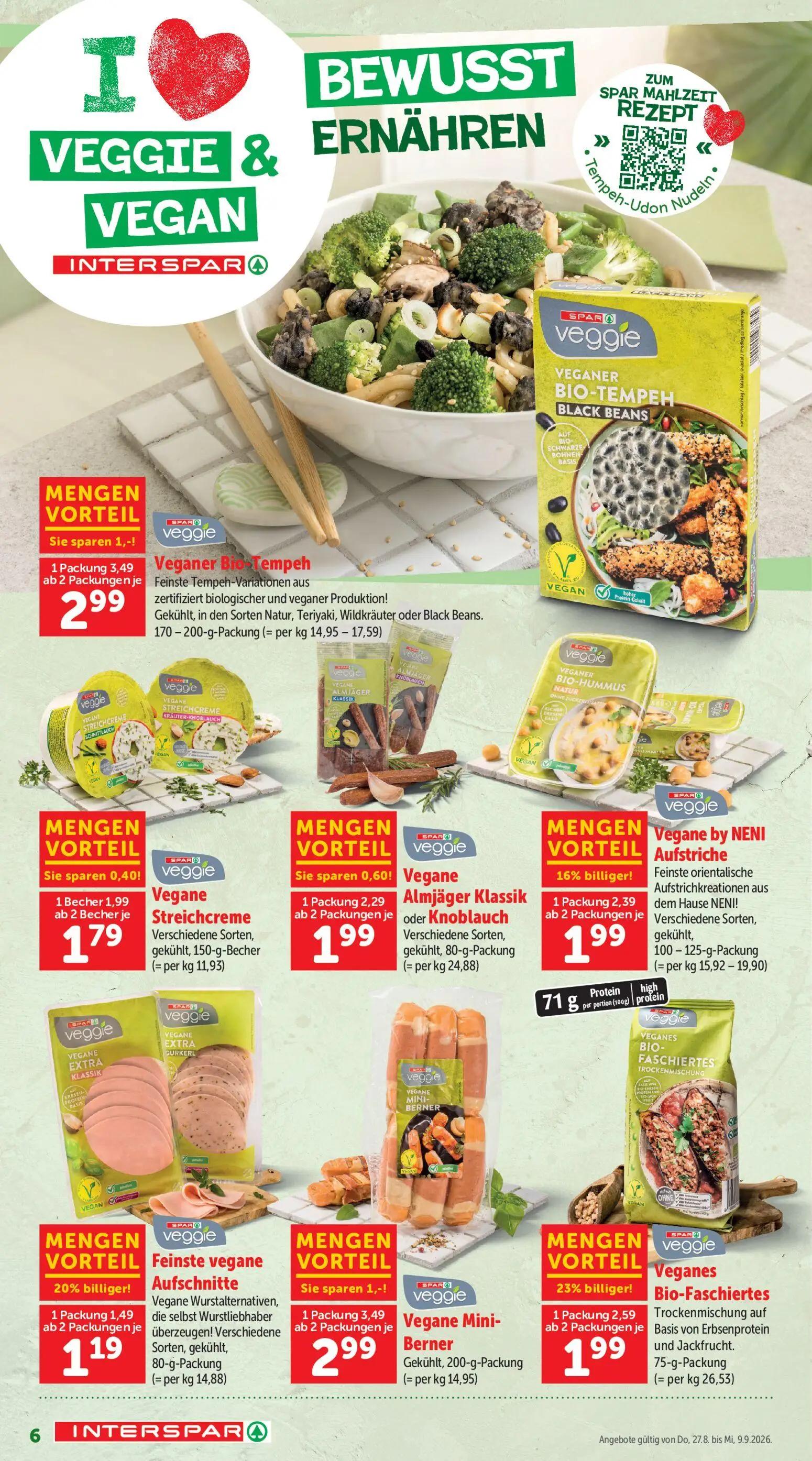 Interspar Prospekt, Seite 6 von 20 — Veganes Bio-Faschiertes, Veganer Bio-Tempeh, Vegane Mini-Berner