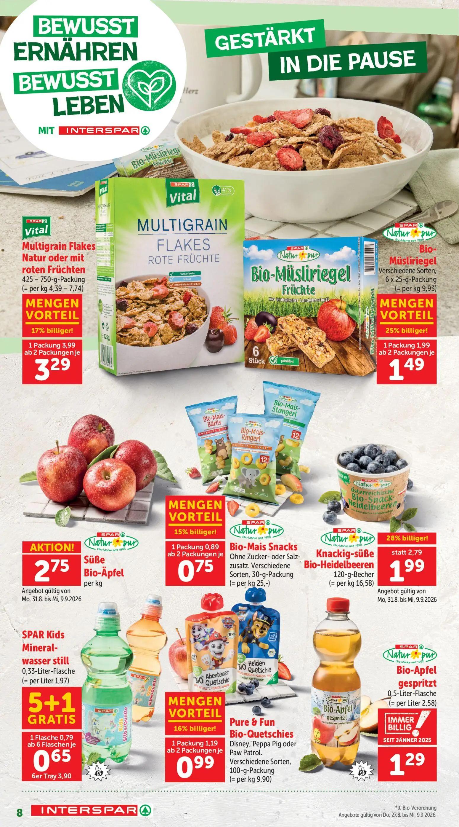 Interspar Prospekt, Seite 8 von 20 — Multigrain Flakes Natur oder mit roten Früchten, Bio-Müsliriegel Verschiedene Sorten,