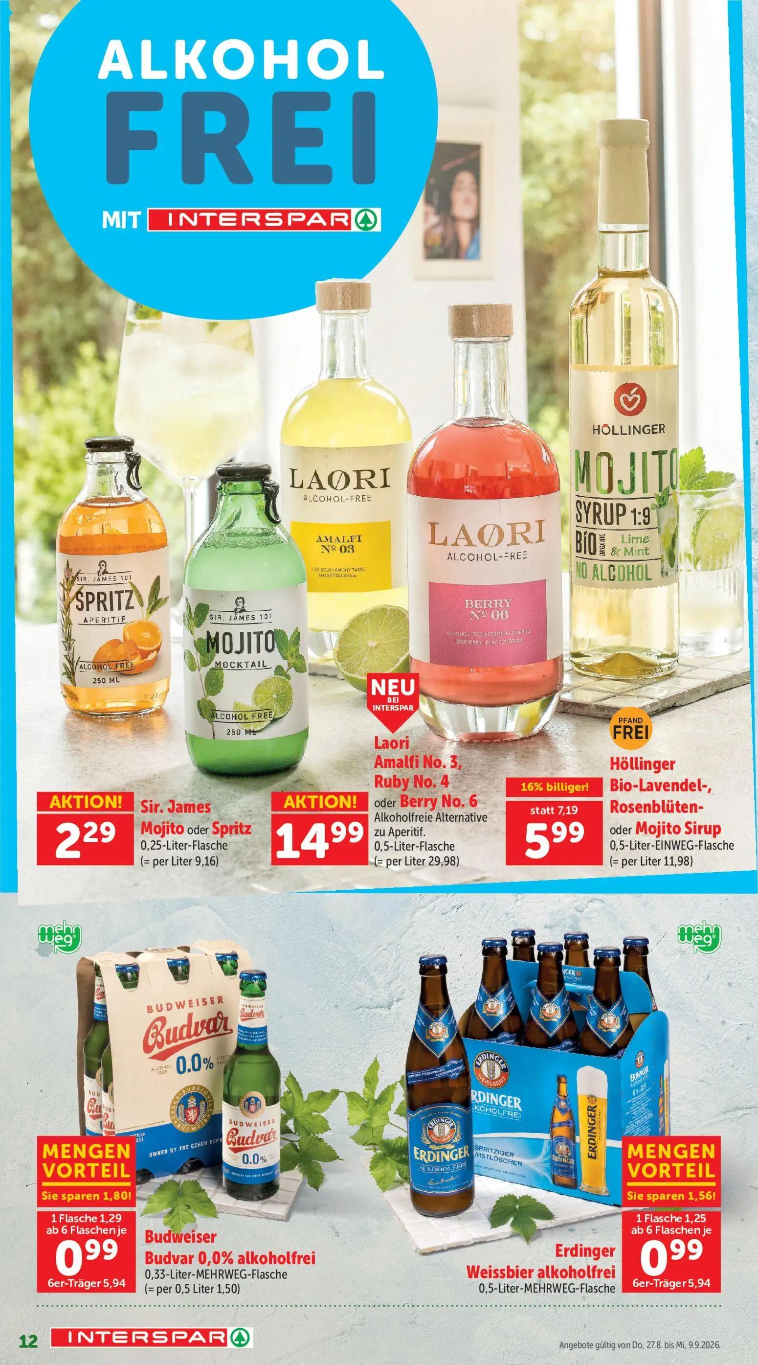 Interspar Prospekt, Seite 12 von 20 — Budweiser Budvar 0,0% alkoholfrei, Erdinger Weissbier alkoholfrei, Sir. James Mojito o…