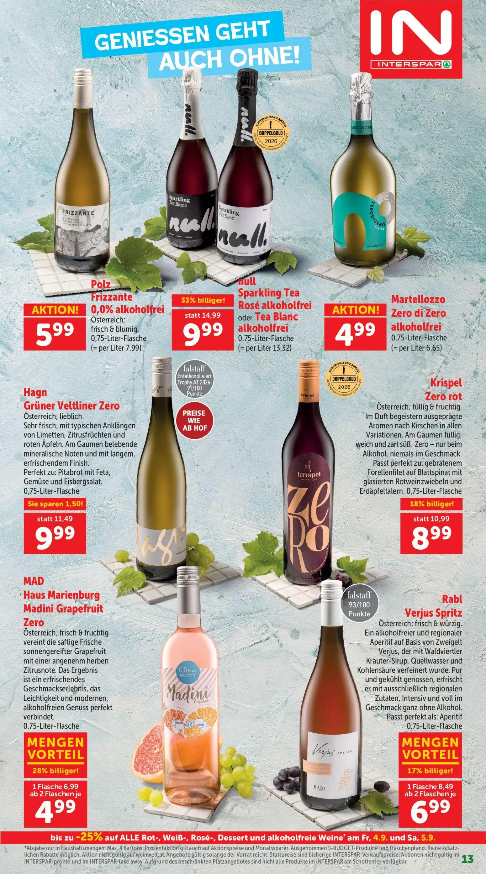 Interspar Prospekt, Seite 13 von 20 — Sparkling Tea Rosé alkoholfrei oder Tea Blanc alkoholfrei, Krispel Zero rot, MAD Haus …