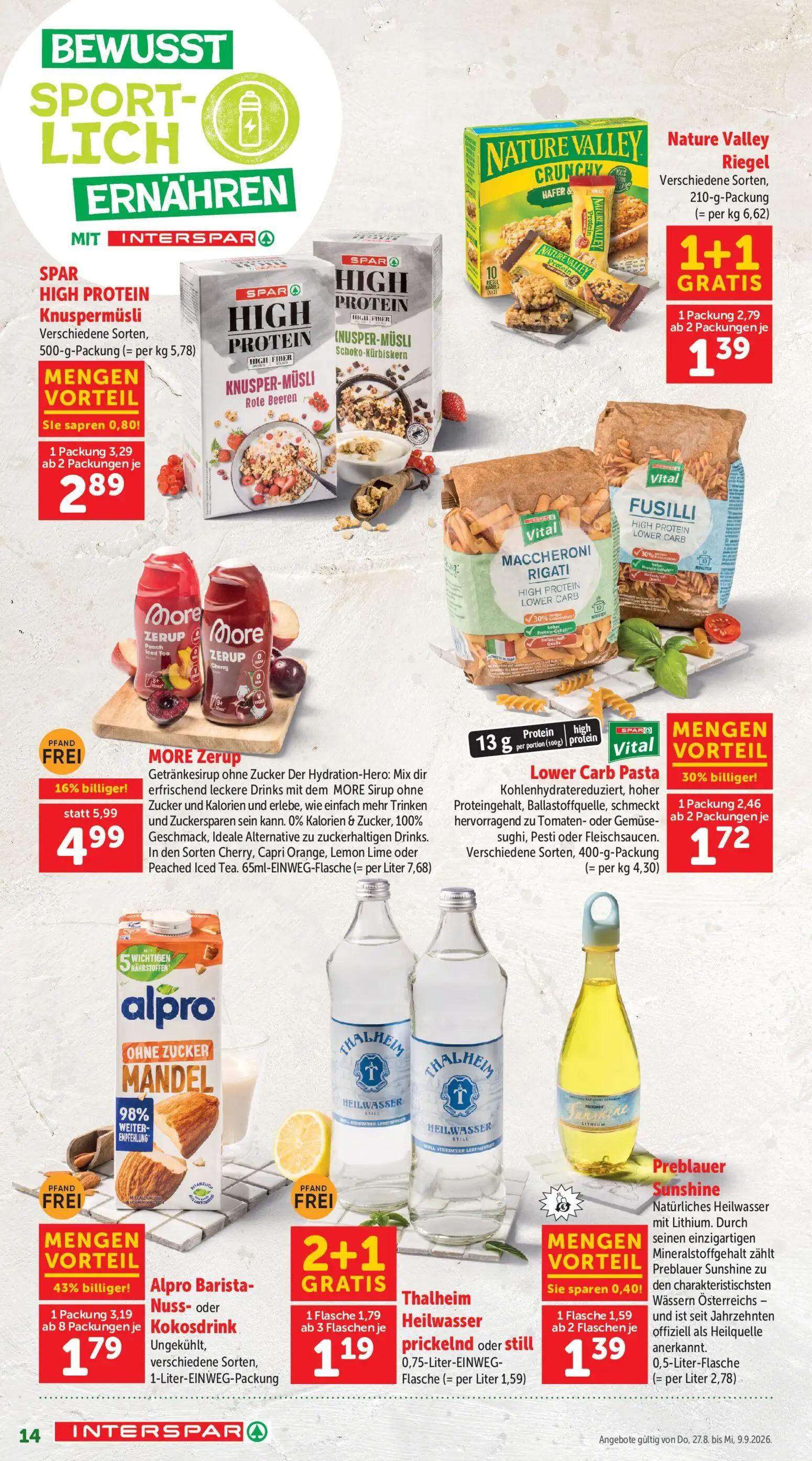 Interspar Prospekt, Seite 14 von 20 — Nature Valley Riegel, MORE Zerup, Lower Carb Pasta