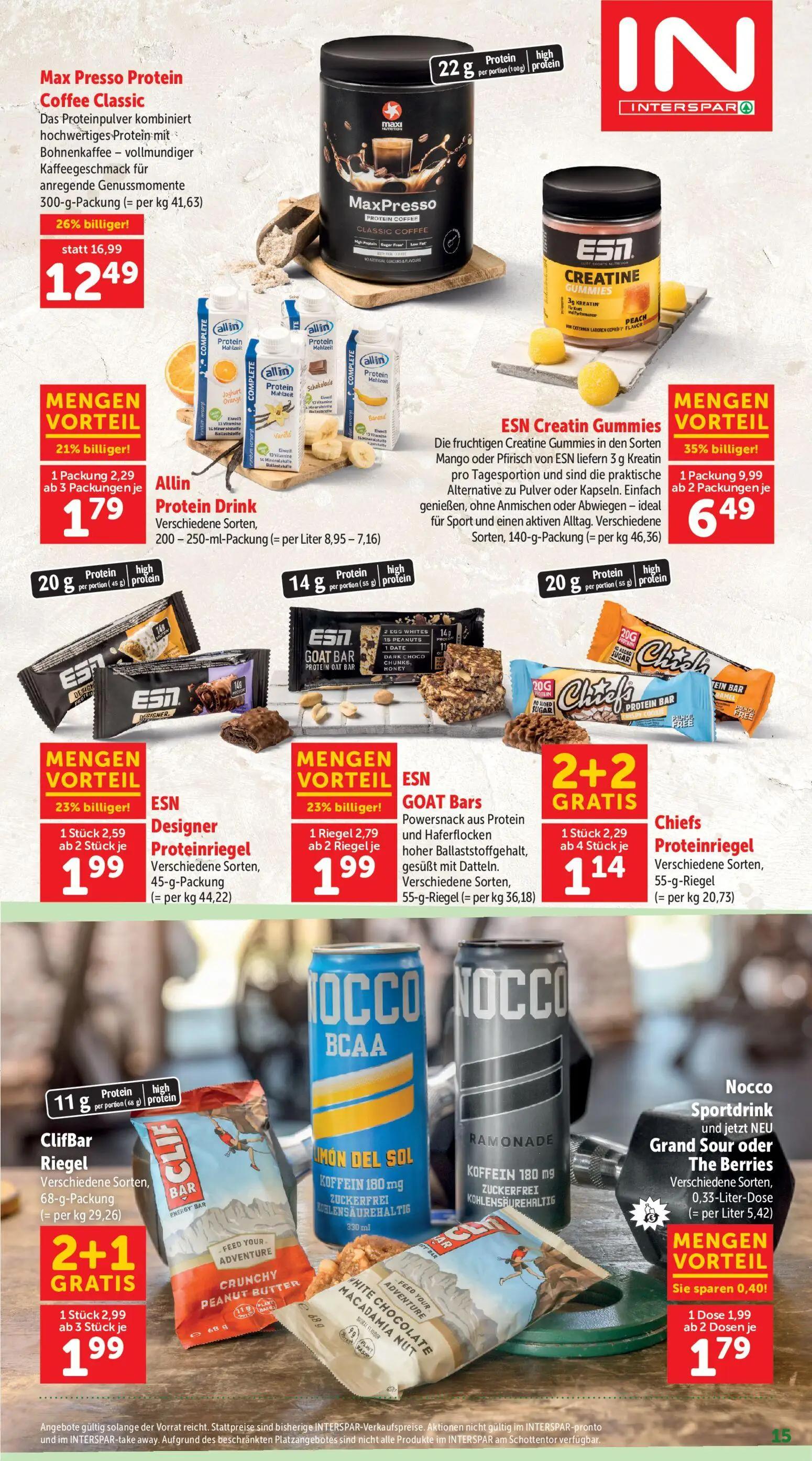 Interspar Prospekt, Seite 15 von 20 — Max Presso Protein Coffee Classic, ESN Creatin Gummies, Chiefs Proteinriegel