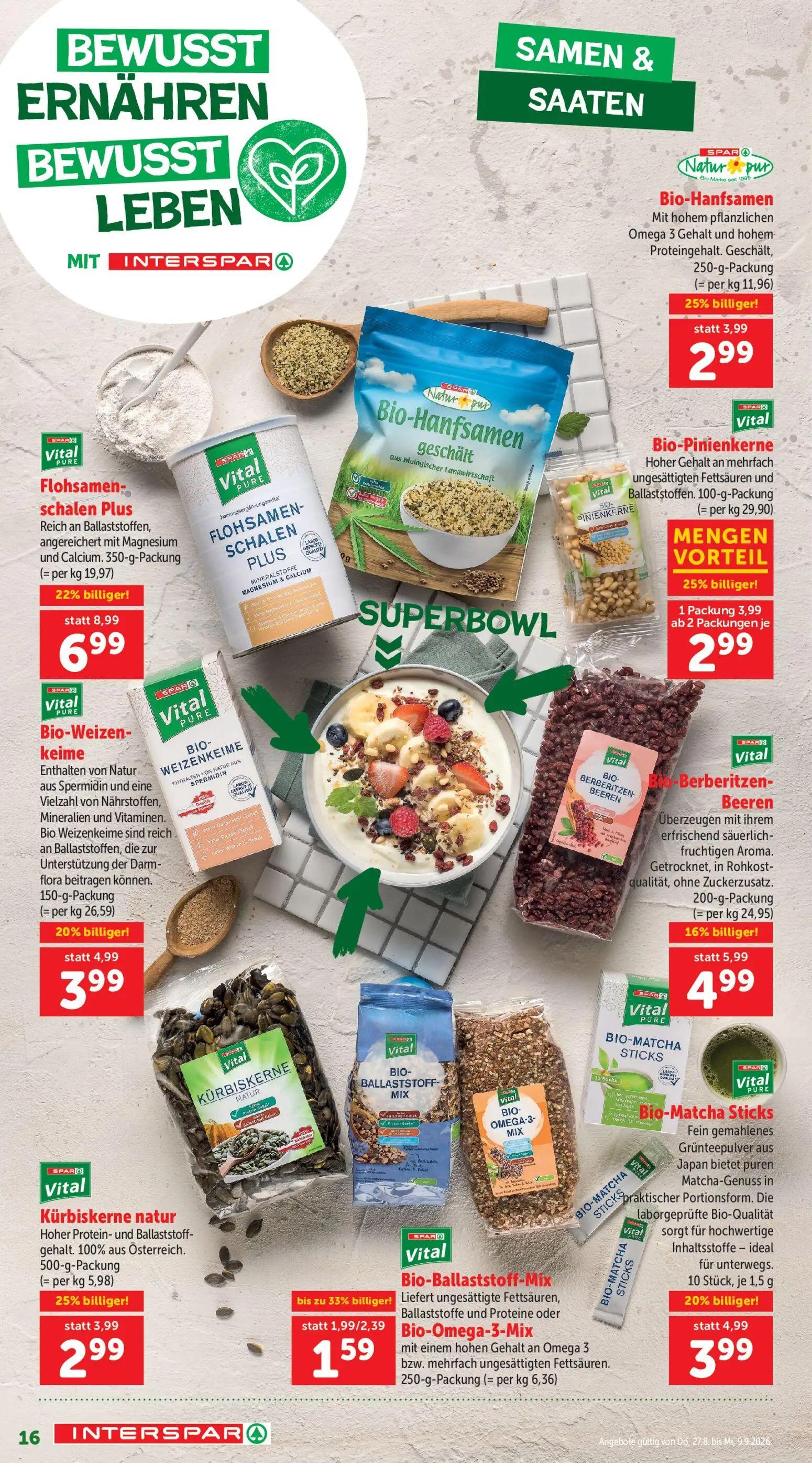 Interspar Prospekt, Seite 16 von 20 — Flohsamenschalen Plus, Bio-Hanfsamen, Bio-Pinienkerne