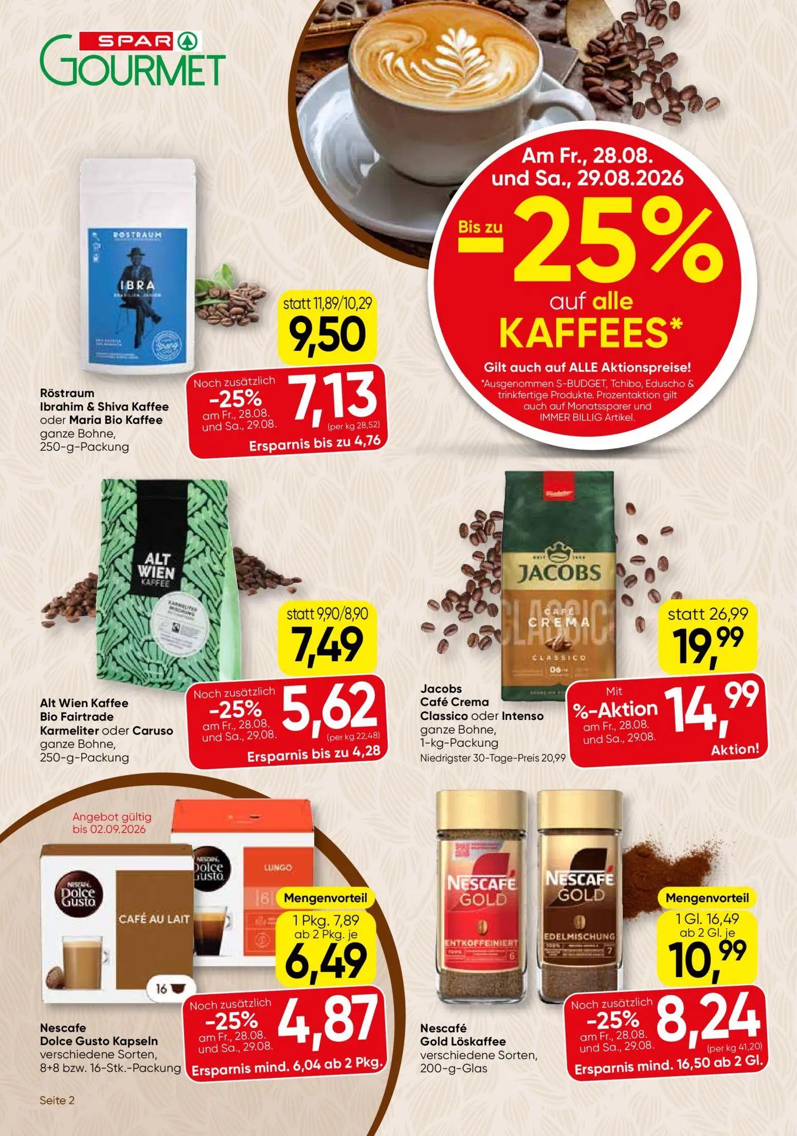 Spar Gourmet Prospekt, Seite 2 von 12 — Jacobs Café Crema Classico oder Intenso, Nescafé Gold Löskaffee verschiedene Sorten,…