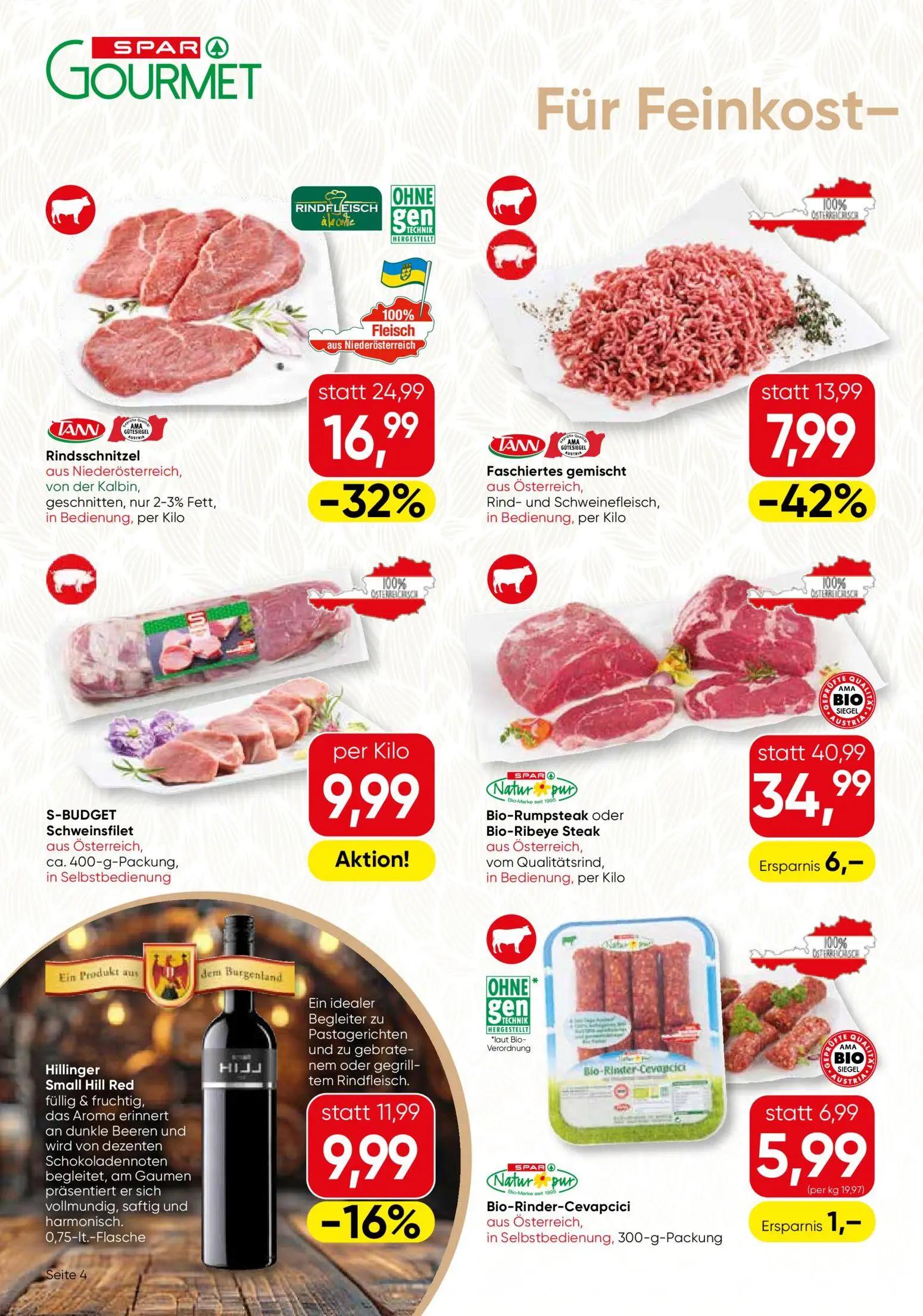 Spar Gourmet Prospekt, Seite 4 von 12 — Rindsschnitzel aus Niederösterreich, von der Kalbin, geschnitten, nur 2-3% Fett, in …