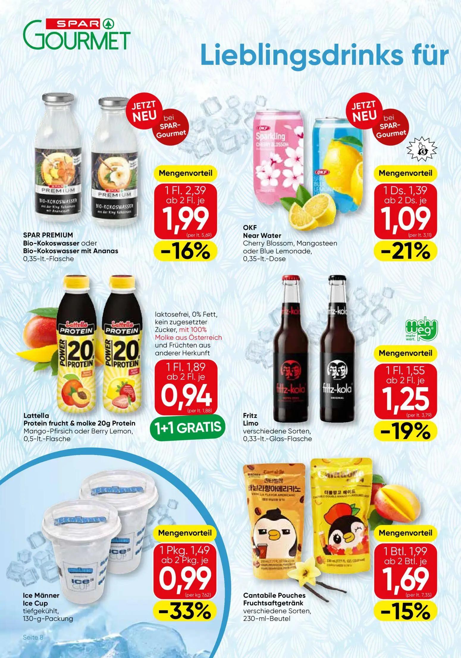 Spar Gourmet Prospekt, Seite 8 von 12 — Lattella Protein frucht & molke 20g Protein Mango-Pfirsich oder Berry Lemon, Ice Män…