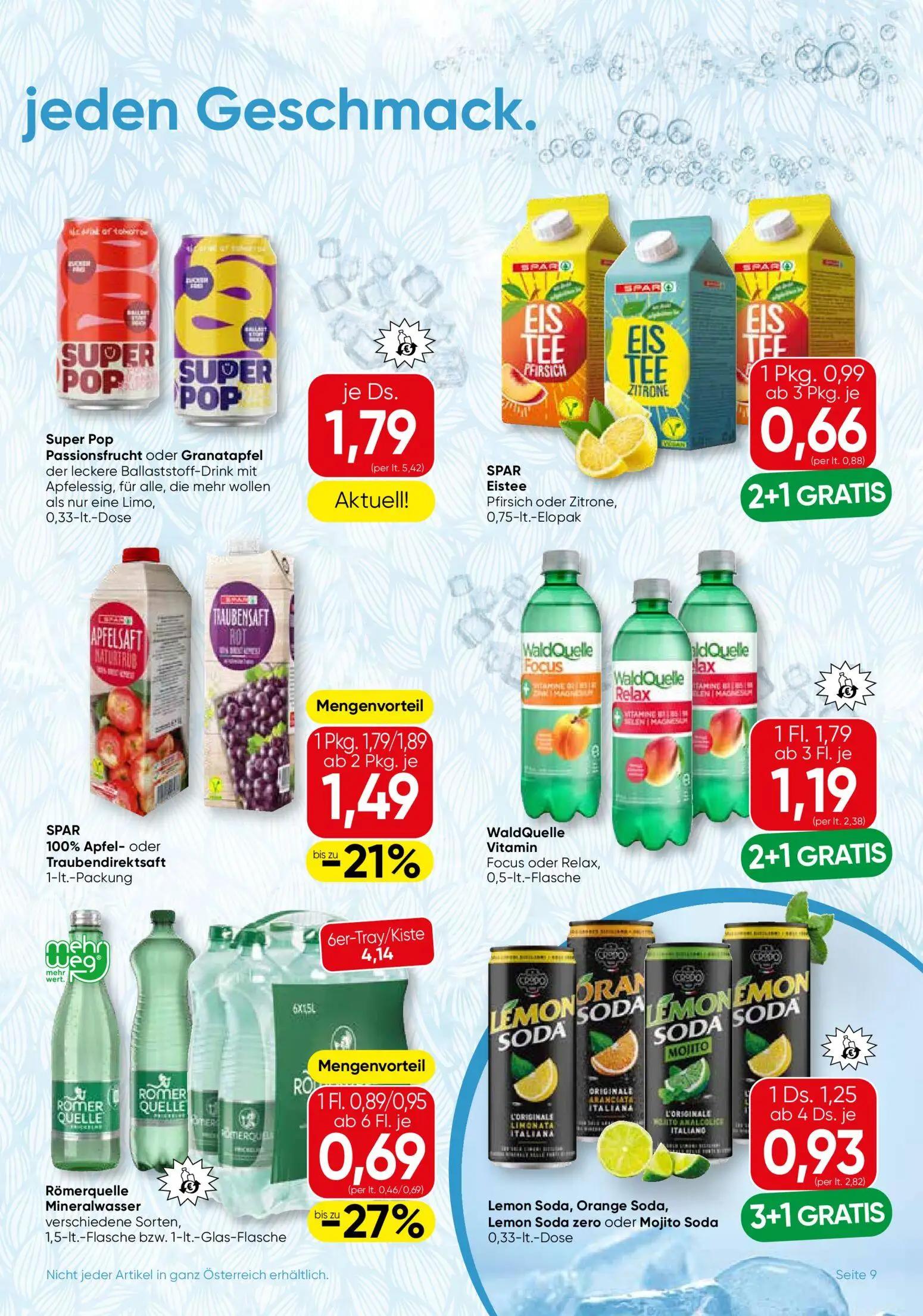 Spar Gourmet Prospekt, Seite 9 von 12 — WaldQuelle Vitamin Focus oder Relax,, SPAR 100% Apfel- oder Traubendirektsaft, SPAR …
