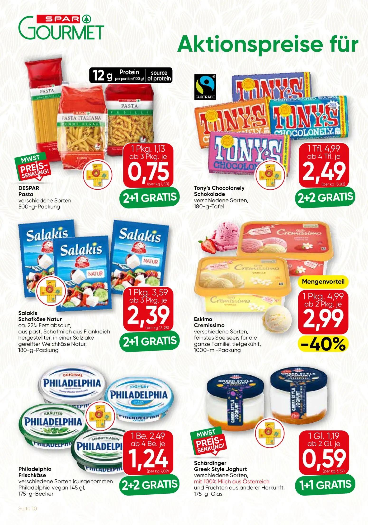 Spar Gourmet Prospekt, Seite 10 von 12 — Tony's Chocolonely Schokolade, Eskimo Cremissimo, Philadelphia Frischkäse