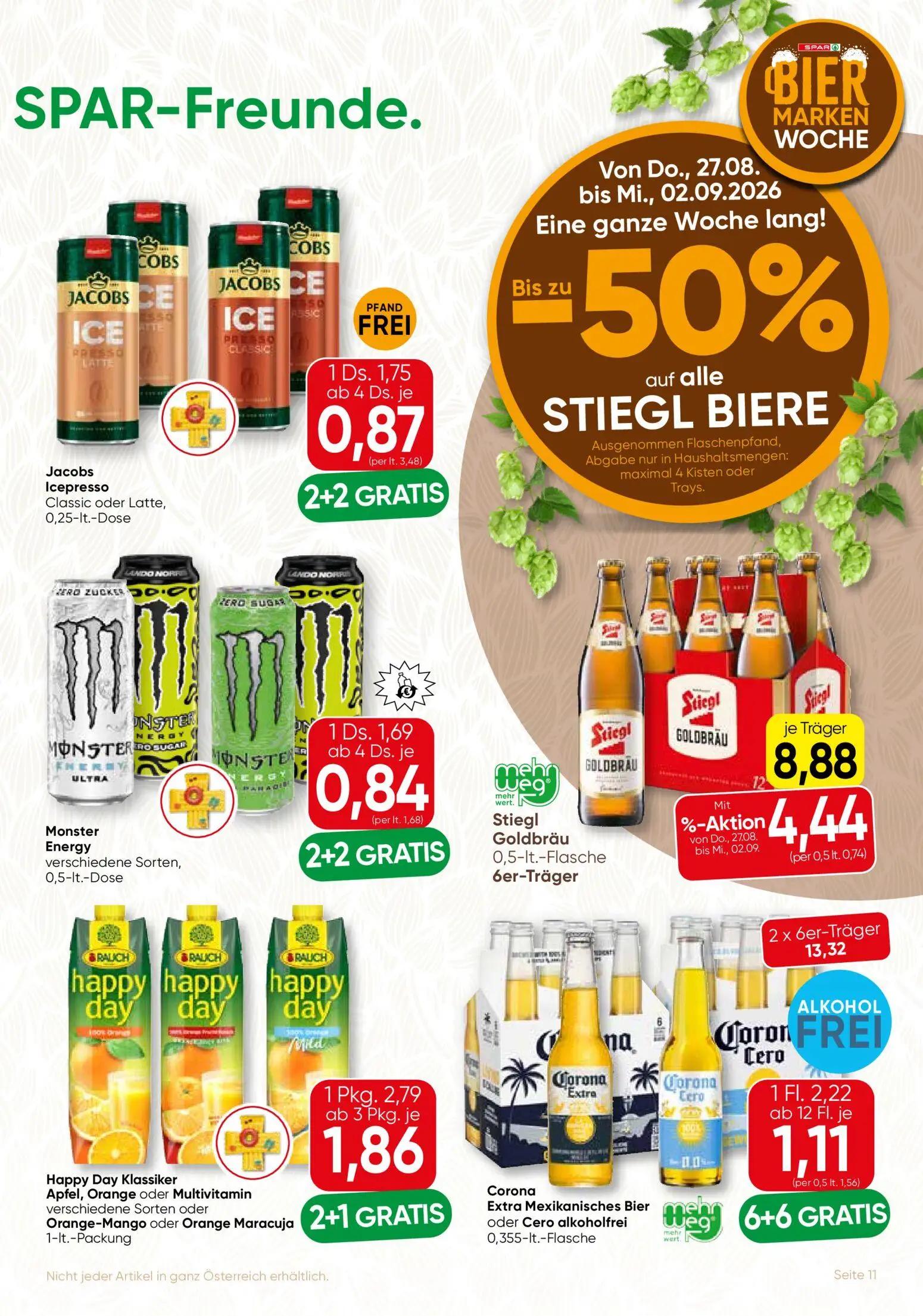 Spar Gourmet Prospekt, Seite 11 von 12 — Stiegl Goldbräu, Corona Extra Mexikanisches Bier oder Cero alkoholfrei, Happy Day K…