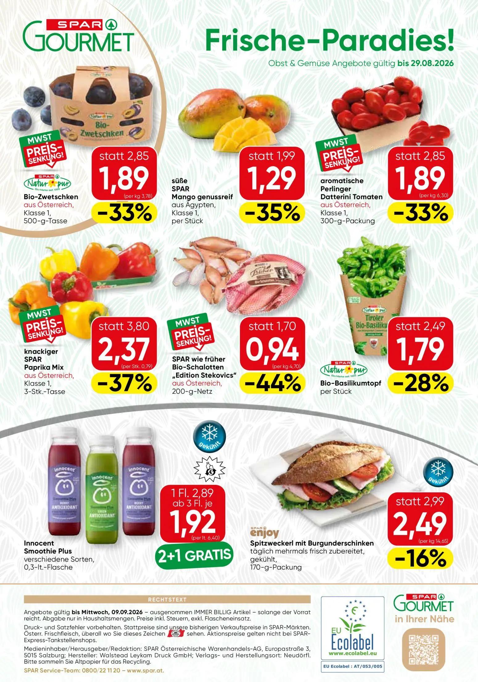Spar Gourmet Prospekt, Seite 12 von 12 — knackiger SPAR Paprika Mix, Innocent Smoothie Plus verschiedene Sorten, Bio-Zwetsch…