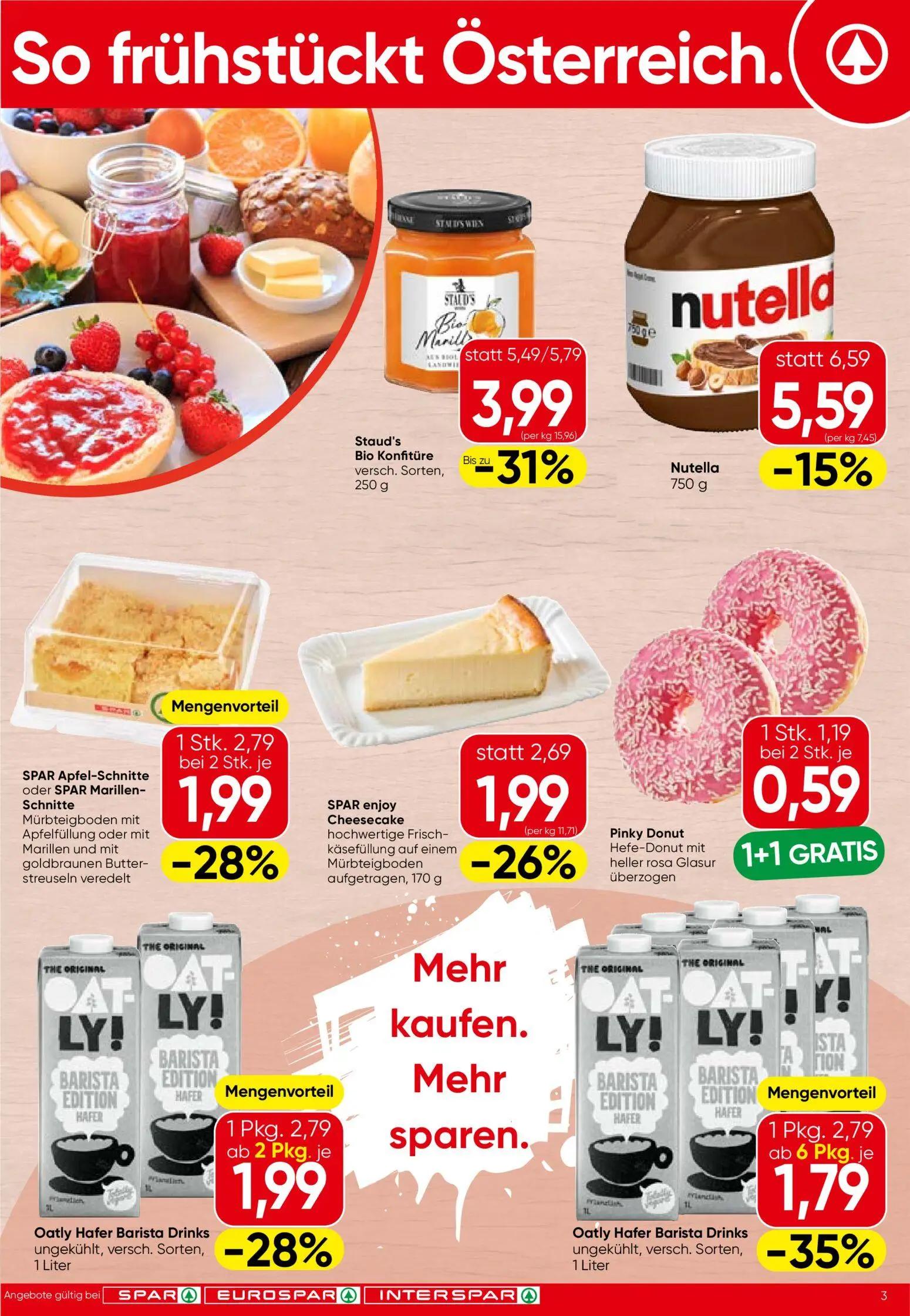 Spar Prospekt, Seite 3 von 20 — Staud's Bio Konfitüre, Nutella, Oatly Hafer Barista Drinks
