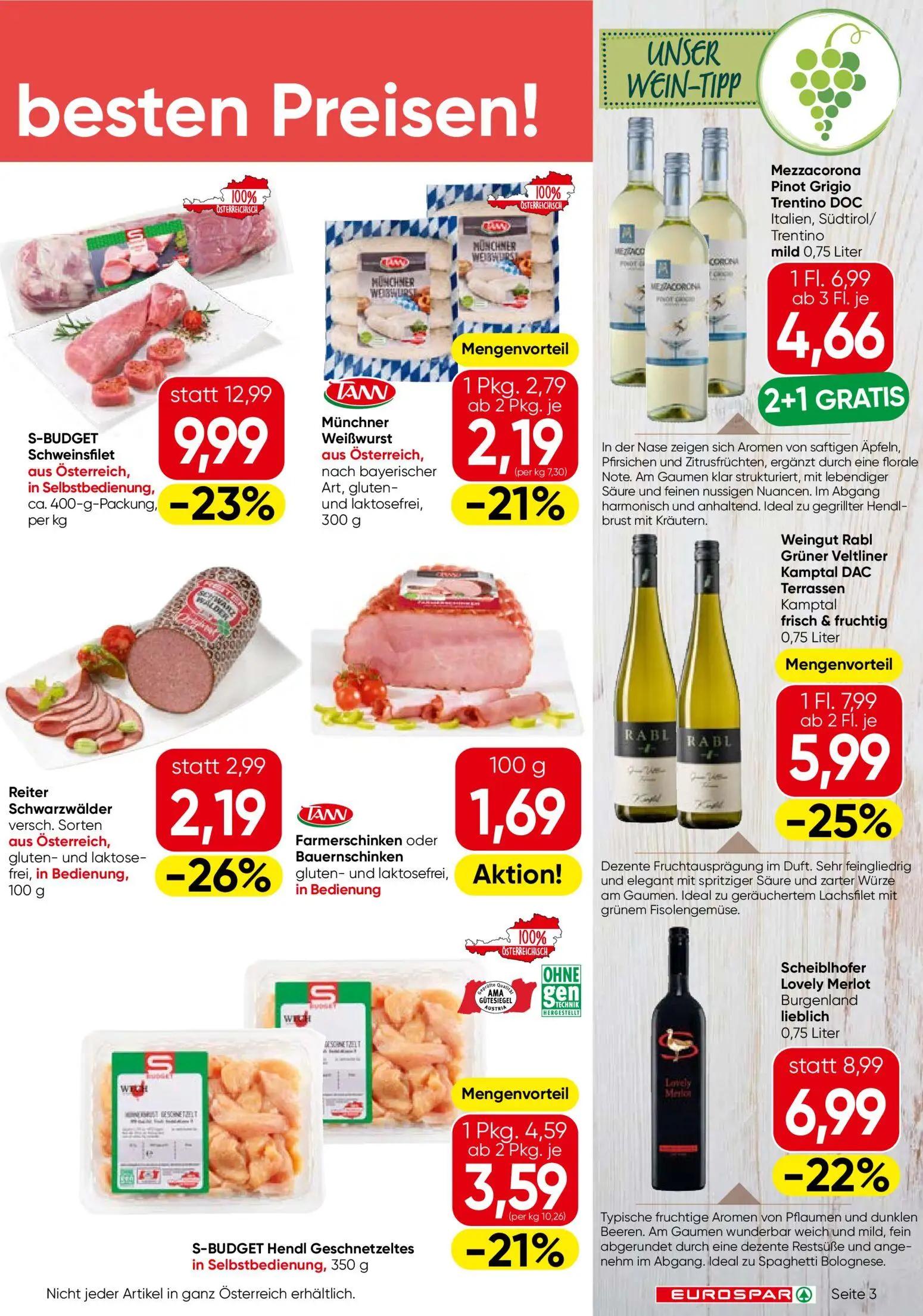 Eurospar Prospekt, Seite 3 von 16 — S-BUDGET Schweinsfilet aus Österreich, in Selbstbedienung,, Mezzacorona Pinot Grigio Tre…