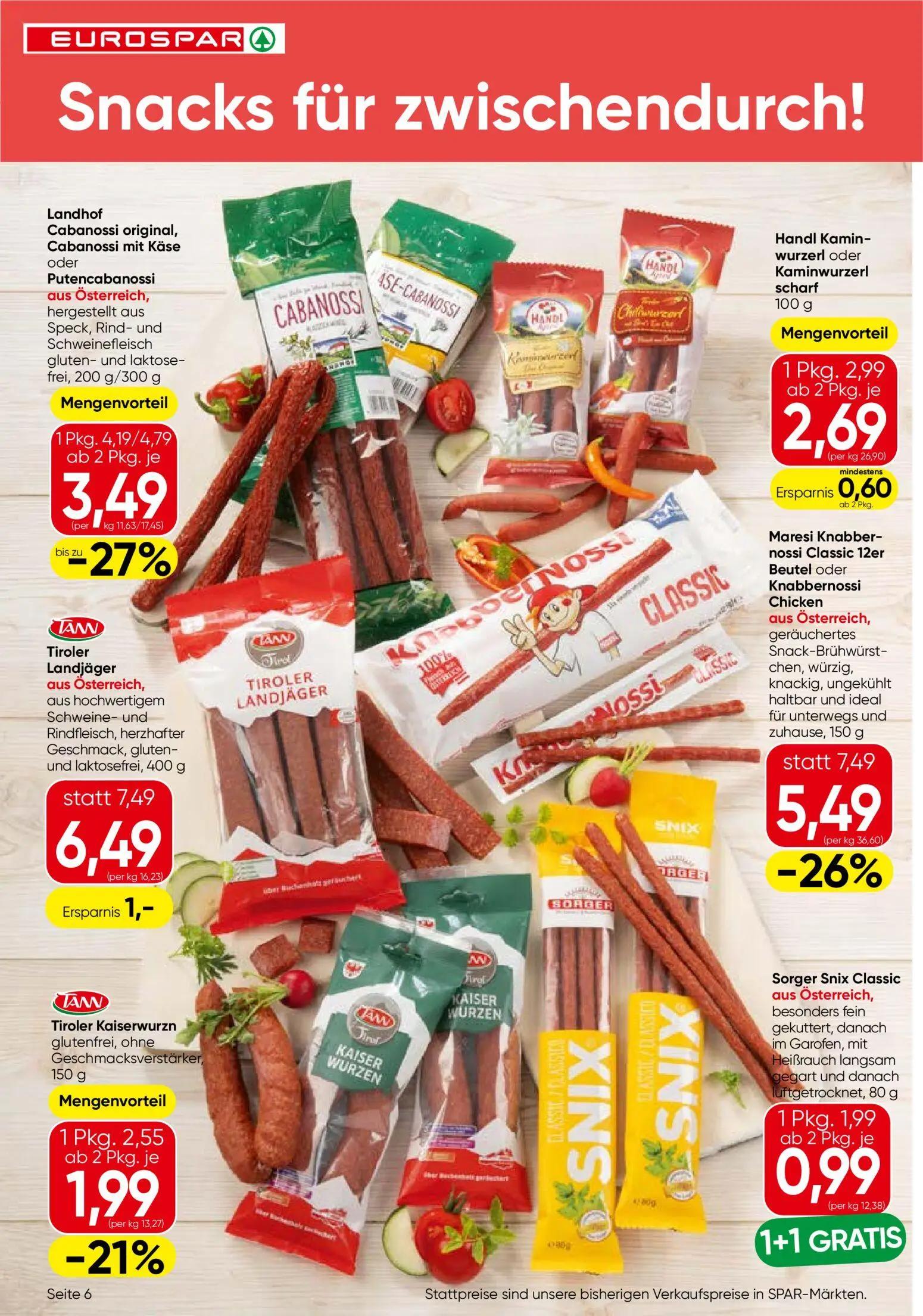 Eurospar Prospekt, Seite 6 von 16 — Maresi Knabbernossi Classic 12er Beutel oder Knabbernossi Chicken, Landhof Cabanossi ori…