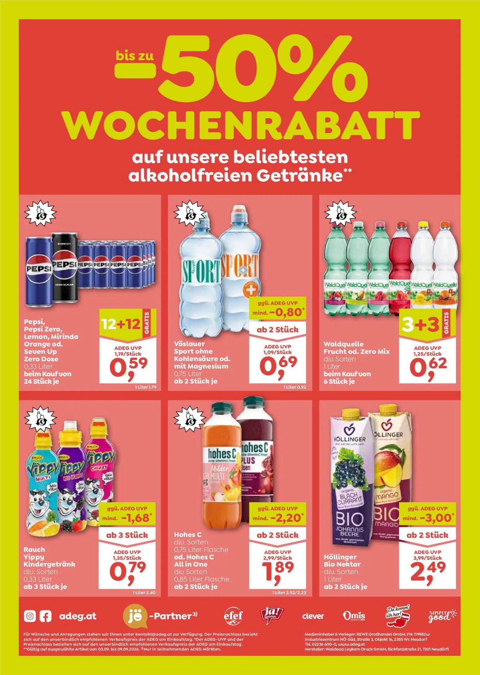 ADEG Prospekt, Seite 8 von 8 — Pepsi, Pepsi Zero, Lemon, Mirinda Orange od. Seven Up Zero Dose, Vöslauer Sport ohne Kohlensä…