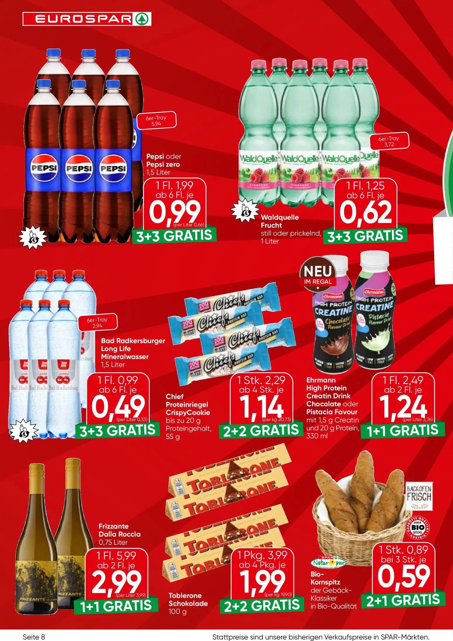 Eurospar Prospekt, Seite 8 von 16 — Frizzante Dalla Roccia, Toblerone Schokolade, Ehrmann High Protein Creatin Drink Chocola…