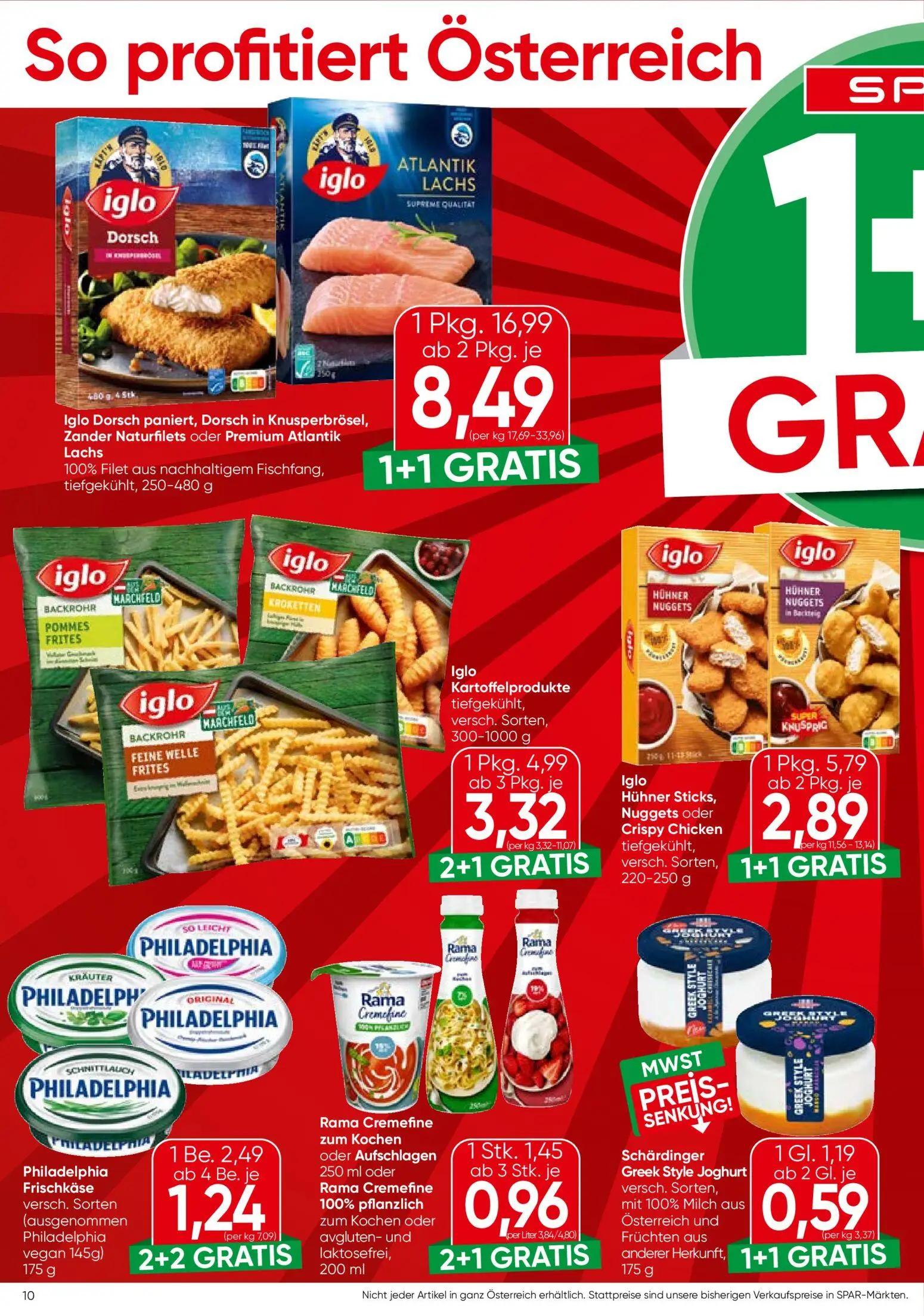 Spar Prospekt, Seite 10 von 20 — Iglo Dorsch paniert, Dorsch in Knusperbrösel, Zander Naturfilets oder Premium Atlantik Lach…