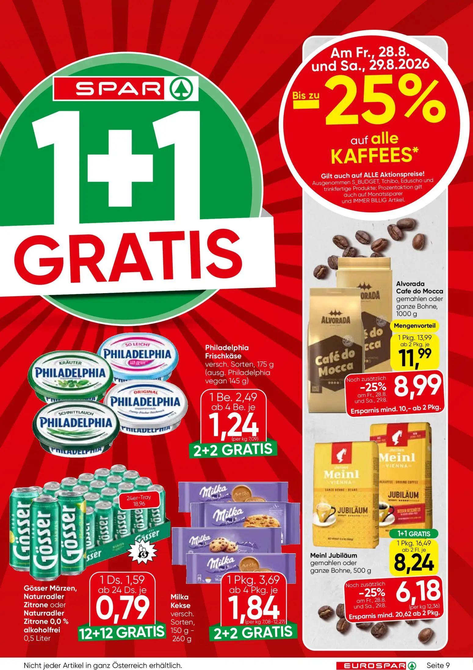 Eurospar Prospekt, Seite 9 von 16 — Meinl Jubiläum gemahlen oder ganze Bohne, Alvorada Cafe do Mocca gemahlen oder ganze Boh…