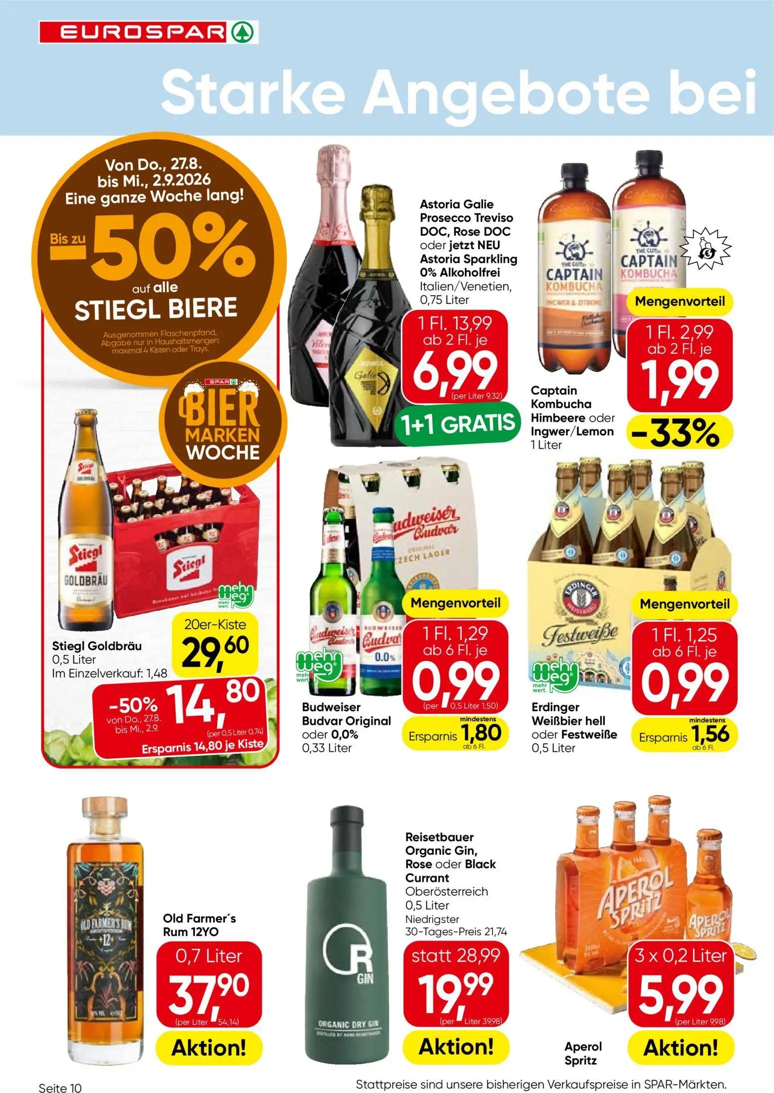 Eurospar Prospekt, Seite 10 von 16 — Stiegl Goldbräu, Reisetbauer Organic Gin, Rose oder Black Currant, Astoria Galie Prosec…