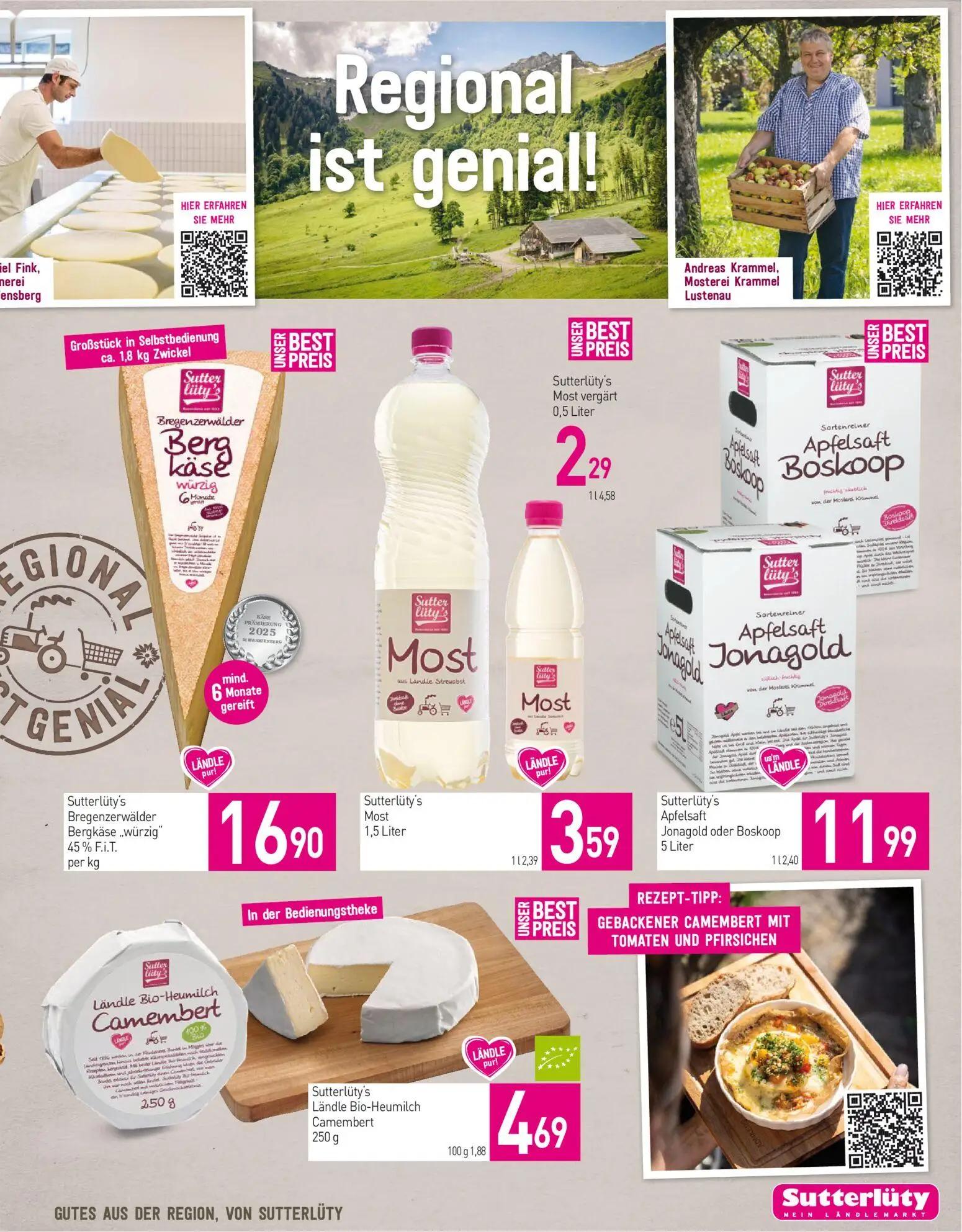 Sutterlüty Prospekt, Seite 11 von 20 — Sutterlüty's Bregenzerwälder Bergkäse "würzig" 45% F.i.T., Sutterlüty's Most, Sutterl…