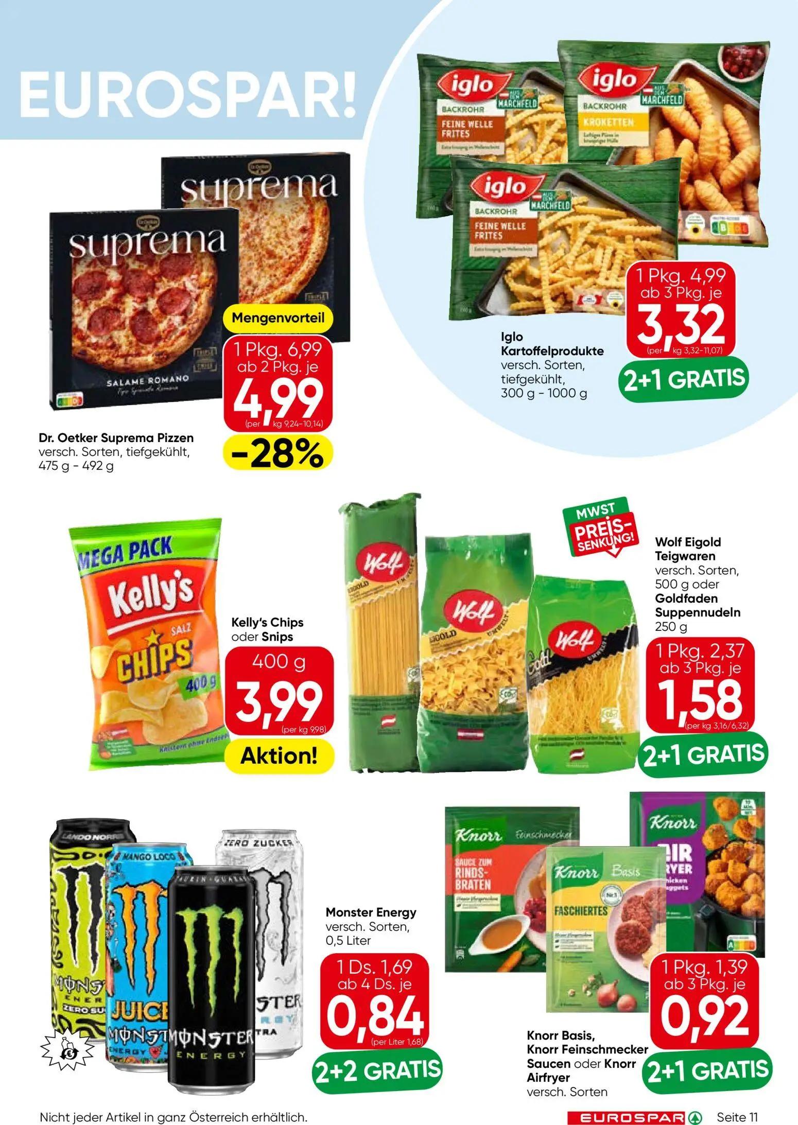 Eurospar Prospekt, Seite 11 von 16 — Dr. Oetker Suprema Pizzen, Iglo Kartoffelprodukte, Monster Energy
