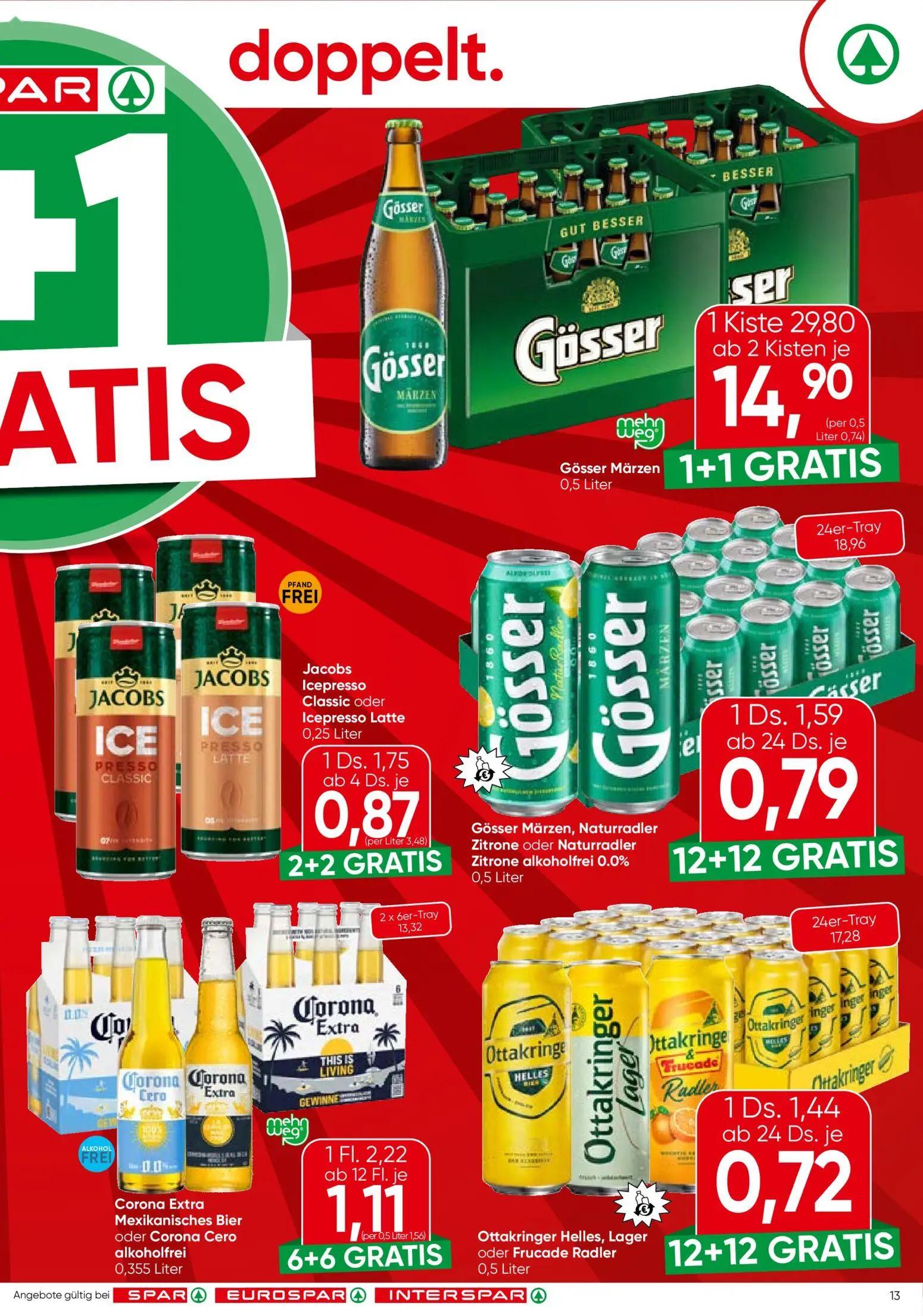 Spar Prospekt, Seite 13 von 20 — Corona Extra Mexikanisches Bier oder Corona Cero alkoholfrei, Jacobs Icepresso Classic oder…