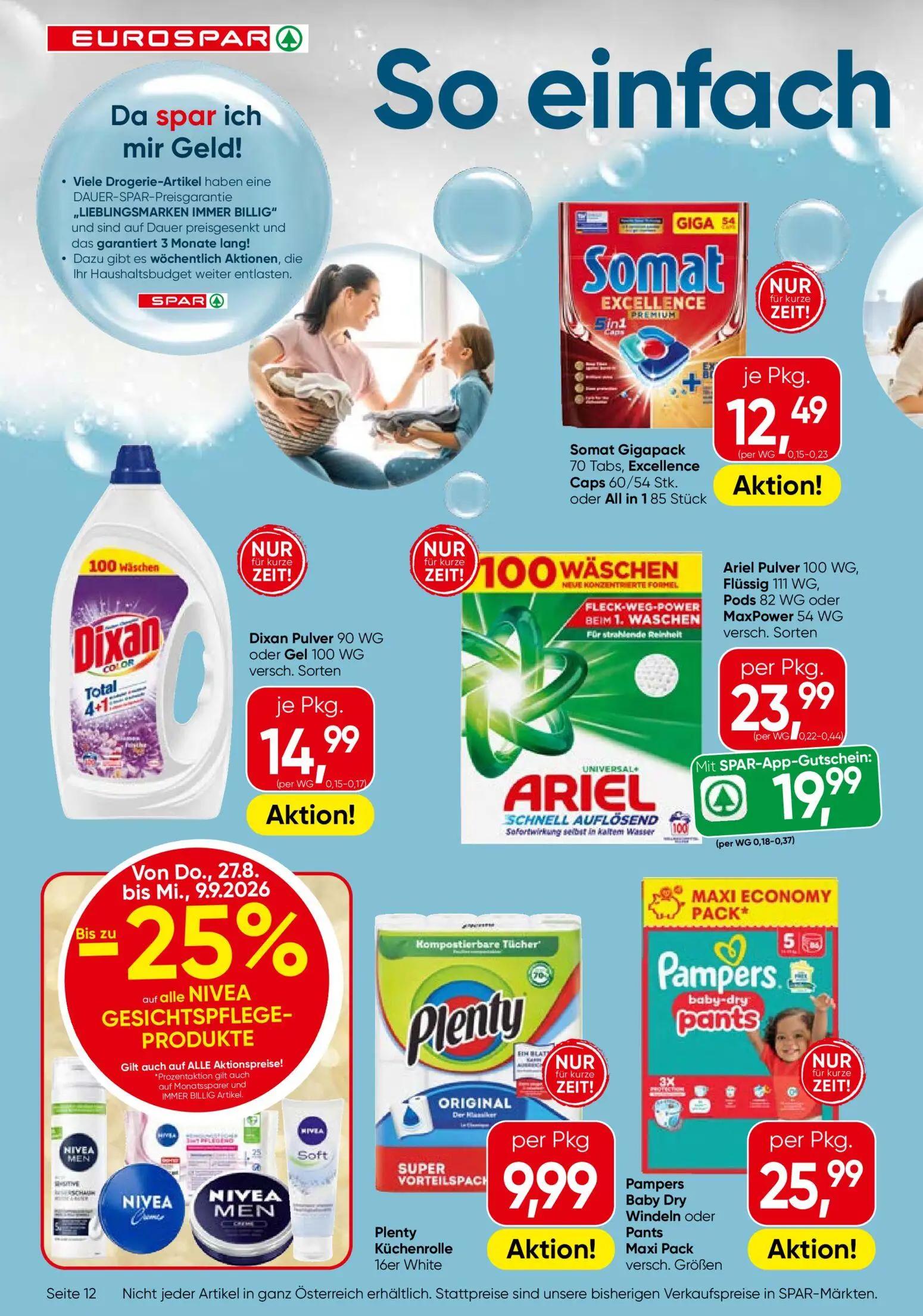 Eurospar Prospekt, Seite 12 von 16 — Ariel Pulver 100 WG, Flüssig 111 WG, Pods 82 WG oder MaxPower 54 WG versch. Sorten, Som…
