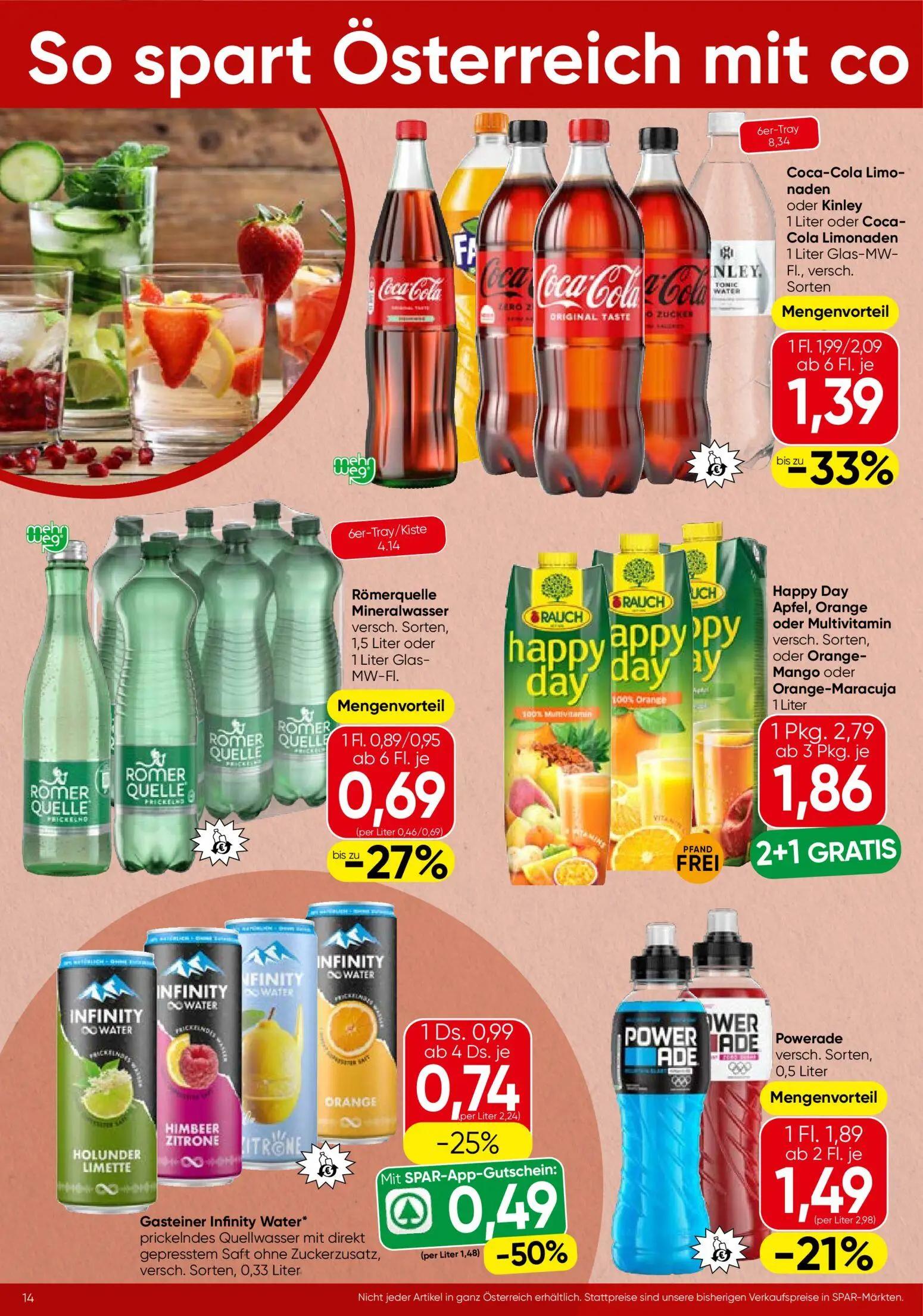 Spar Prospekt, Seite 14 von 20 — Happy Day Apfel, Orange oder Multivitamin, Coca-Cola Limonaden oder Kinley oder Coca-Cola L…