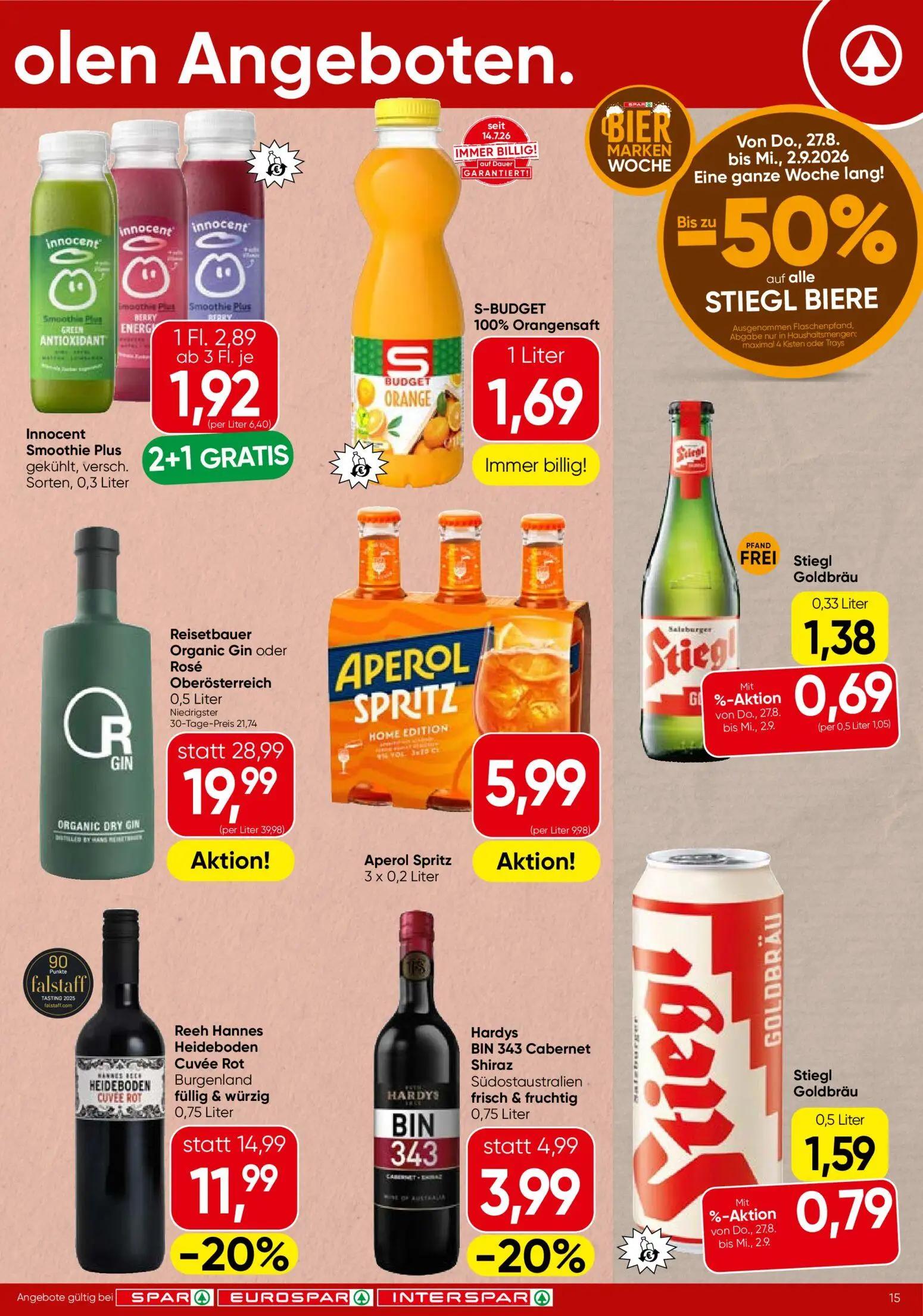 Spar Prospekt, Seite 15 von 20 — Reeh Hannes Heideboden Cuvée Rot Burgenland füllig & würzig, Hardys BIN 343 Cabernet Shiraz…