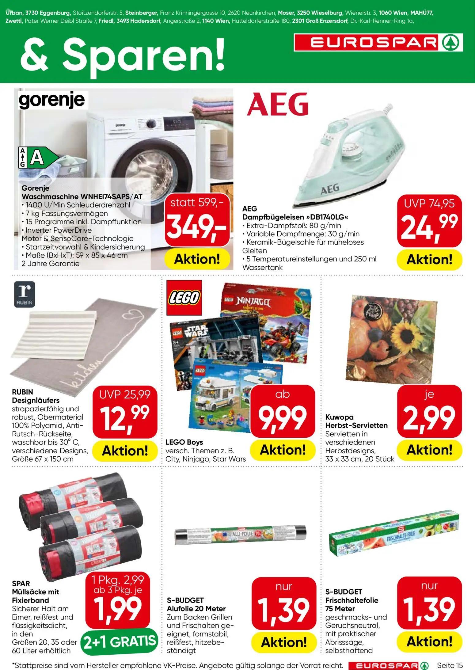 Eurospar Prospekt, Seite 15 von 16 — Gorenje Waschmaschine WNHEI74SAPS/AT, AEG Dampfbügeleisen »DB1740LG«, RUBIN Designläufer
