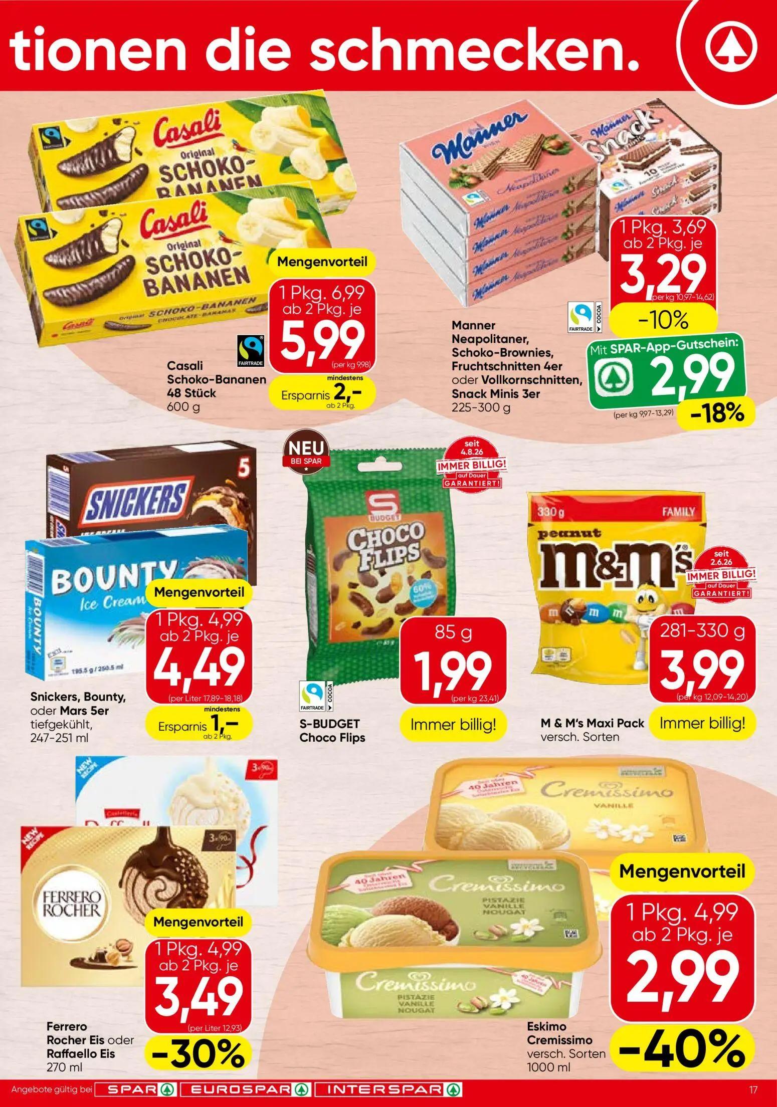 Spar Prospekt, Seite 17 von 20 — Eskimo Cremissimo versch. Sorten, Ferrero Rocher Eis oder Raffaello Eis, Casali Schoko-Bana…