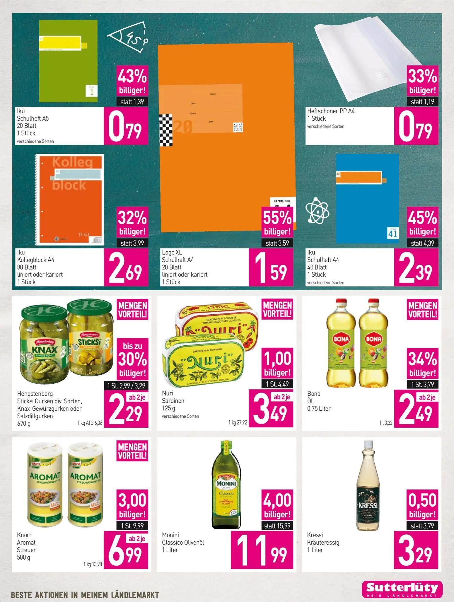 Sutterlüty Prospekt, Seite 17 von 20 — Monini Classico Olivenöl, Knorr Aromat Streuer, Logo XL Schulheft A4