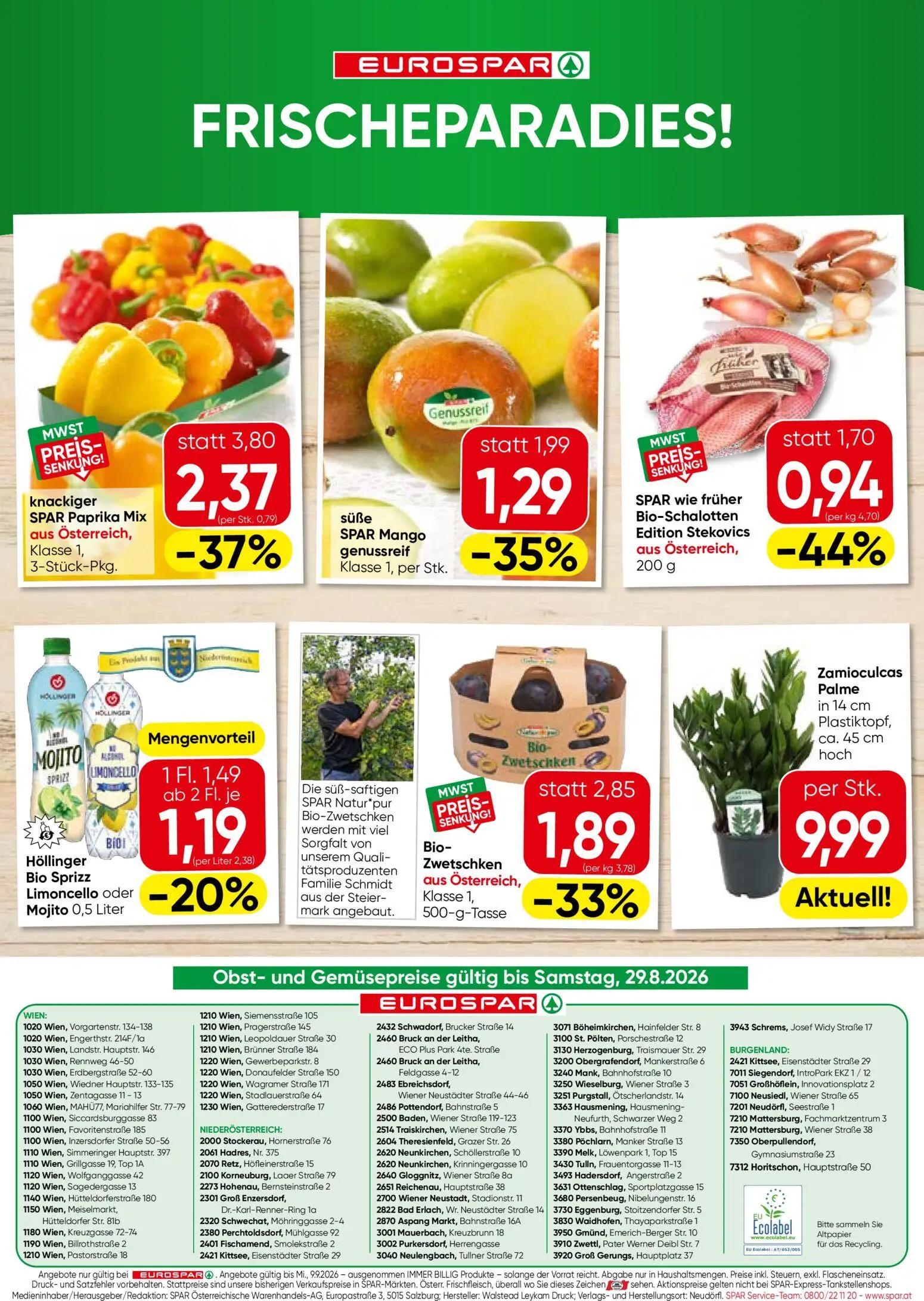 Eurospar Prospekt, Seite 16 von 16 — knackiger SPAR Paprika Mix, Bio-Zwetschken, SPAR wie früher Bio-Schalotten Edition Stek…