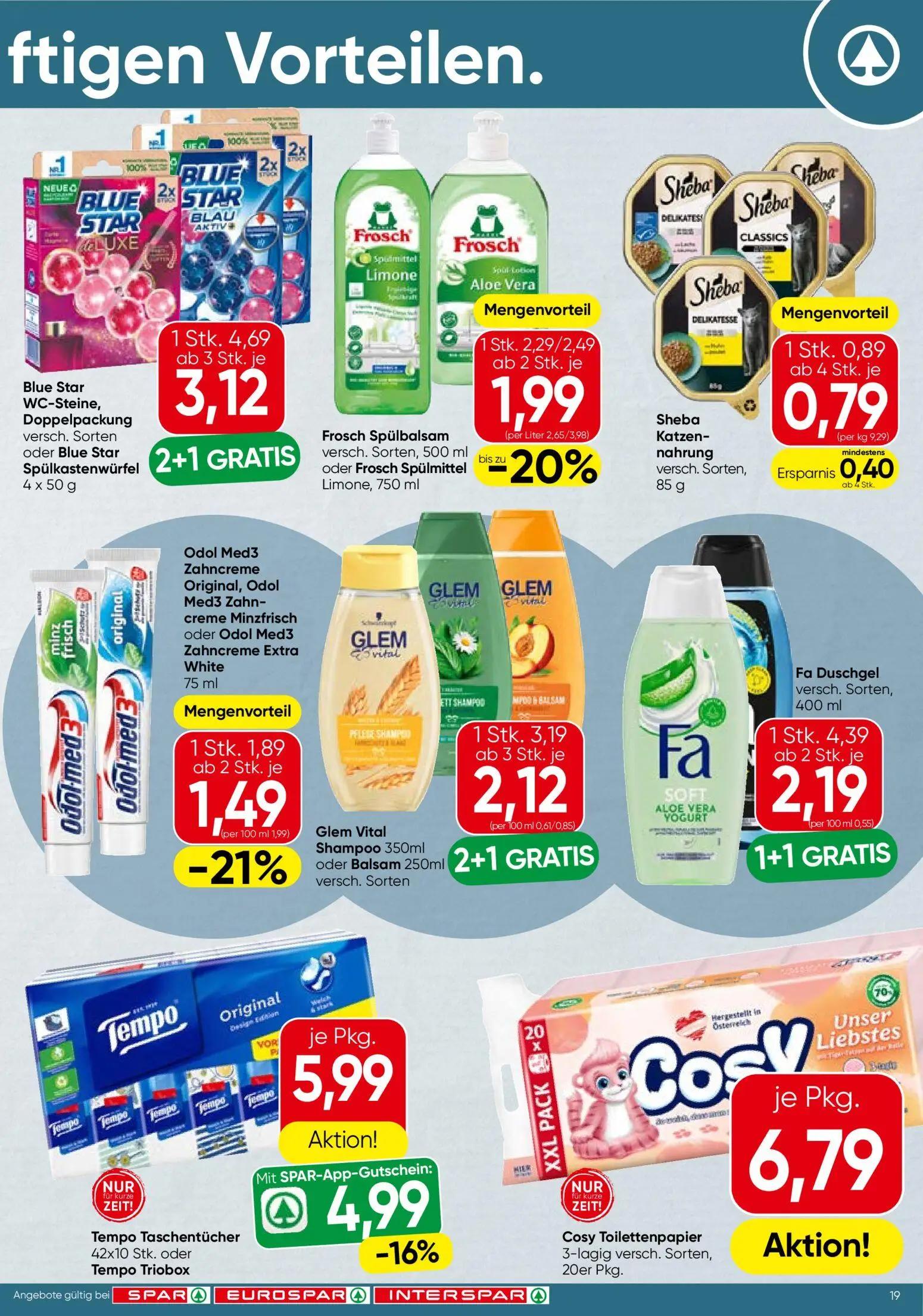 Spar Prospekt, Seite 19 von 20 — Fa Duschgel versch. Sorten, Blue Star WC-Steine, Doppelpackung versch. Sorten oder Blue Sta…