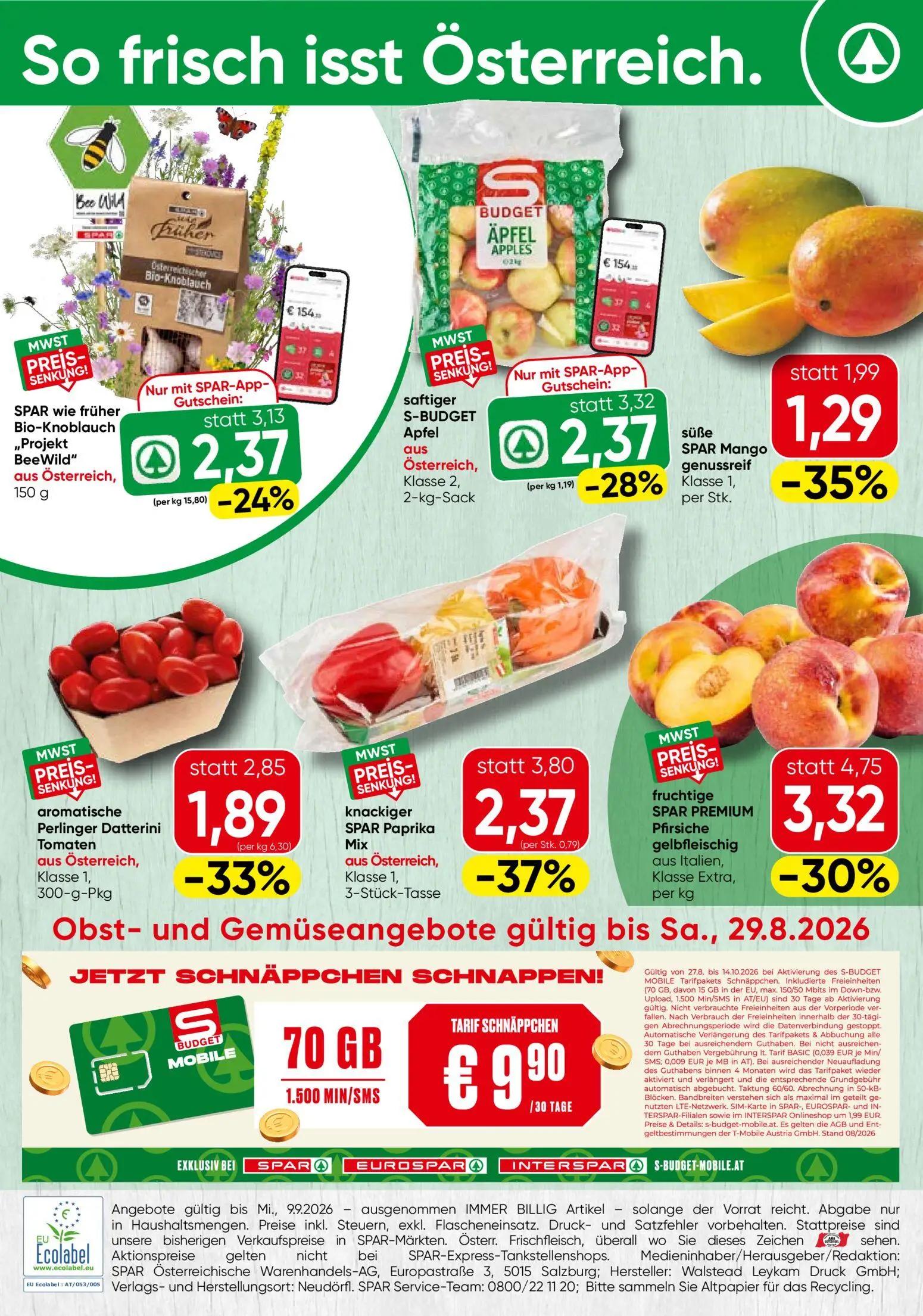 Spar Prospekt, Seite 20 von 20 — knackiger SPAR Paprika Mix, fruchtige SPAR PREMIUM Pfirsiche gelbfleischig, aromatische Per…